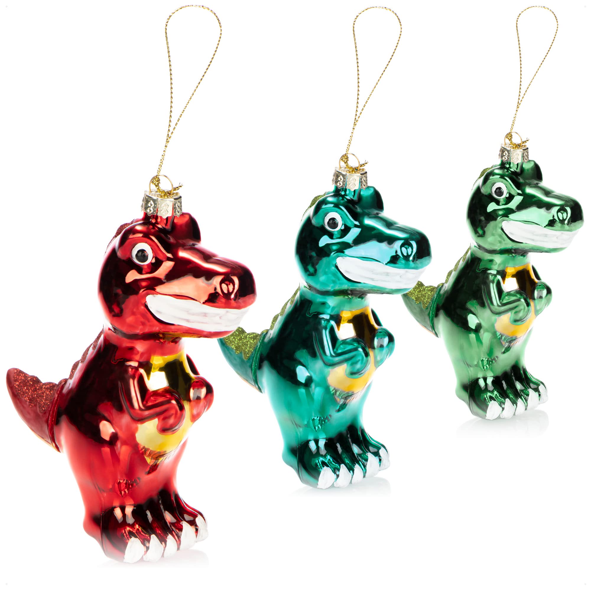 COM-FOUR® 3x premium Christmas tree decorations - decorative glass dinosaurs - tree baubles as Christmas decorations - Christmas tree pendants Christmas tree baubles (Dino - 3 pieces)