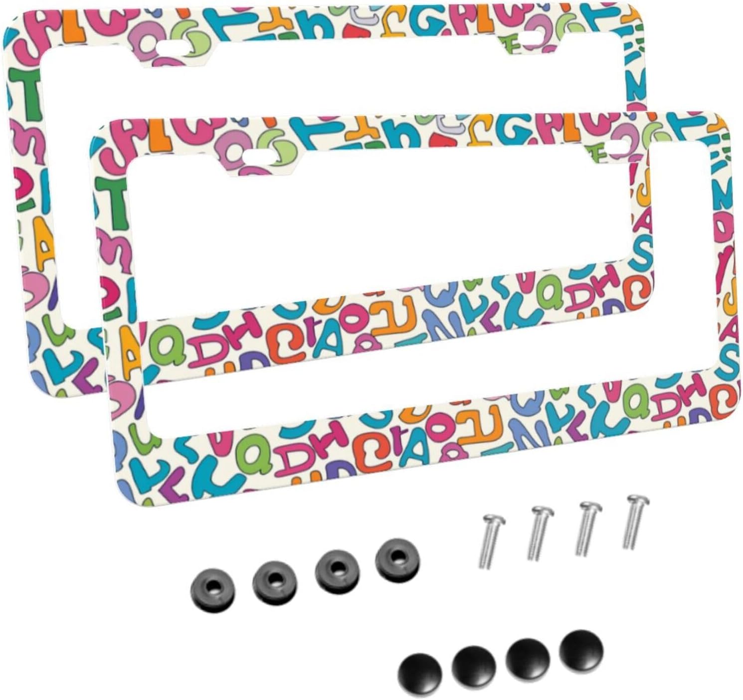 Letters Seamless Pattern Matte Aluminum License Plate Frame with Black Screw Caps，2pcs 2 Holes Black Licenses Plates Frames,Car Licenses Plate Covers Holders for Us Vehicles/Women/Men