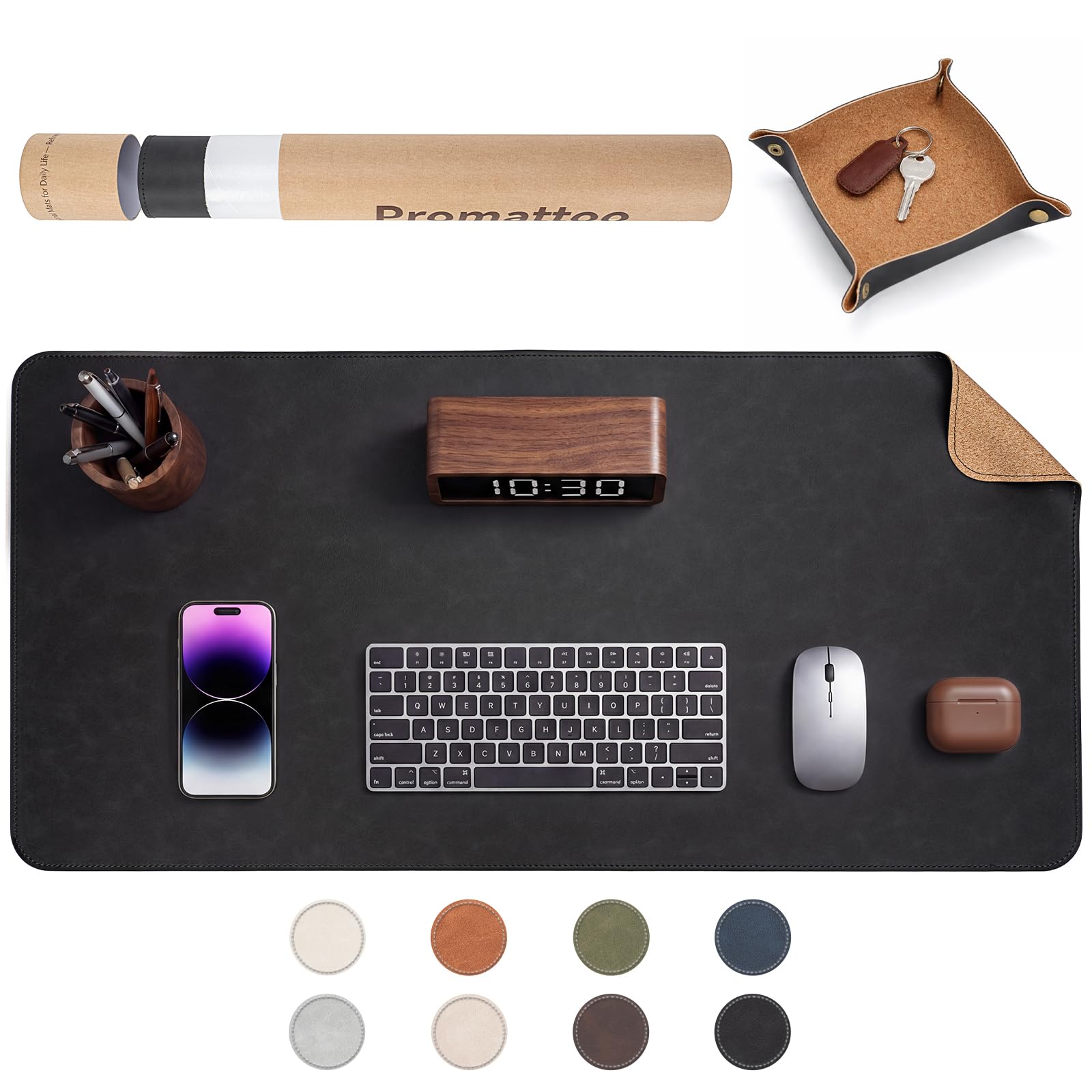 PROMATTOO Faux Leather Desk Mat with Valet Tray, Non-Slip Waterproof Desk Pad, Cork-Effect Printed Backing, Desk Protector with Gift Tube for Office & Home(Classic Black)
