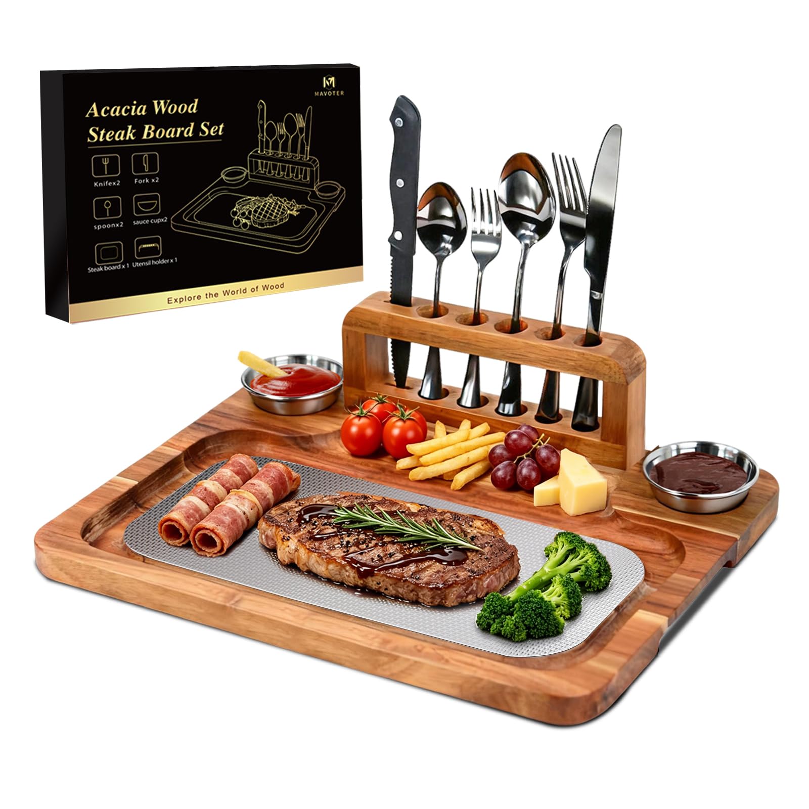 Acacia Steak Board Plates Set Scratch-Proof Wooden Serving Platter Trays
