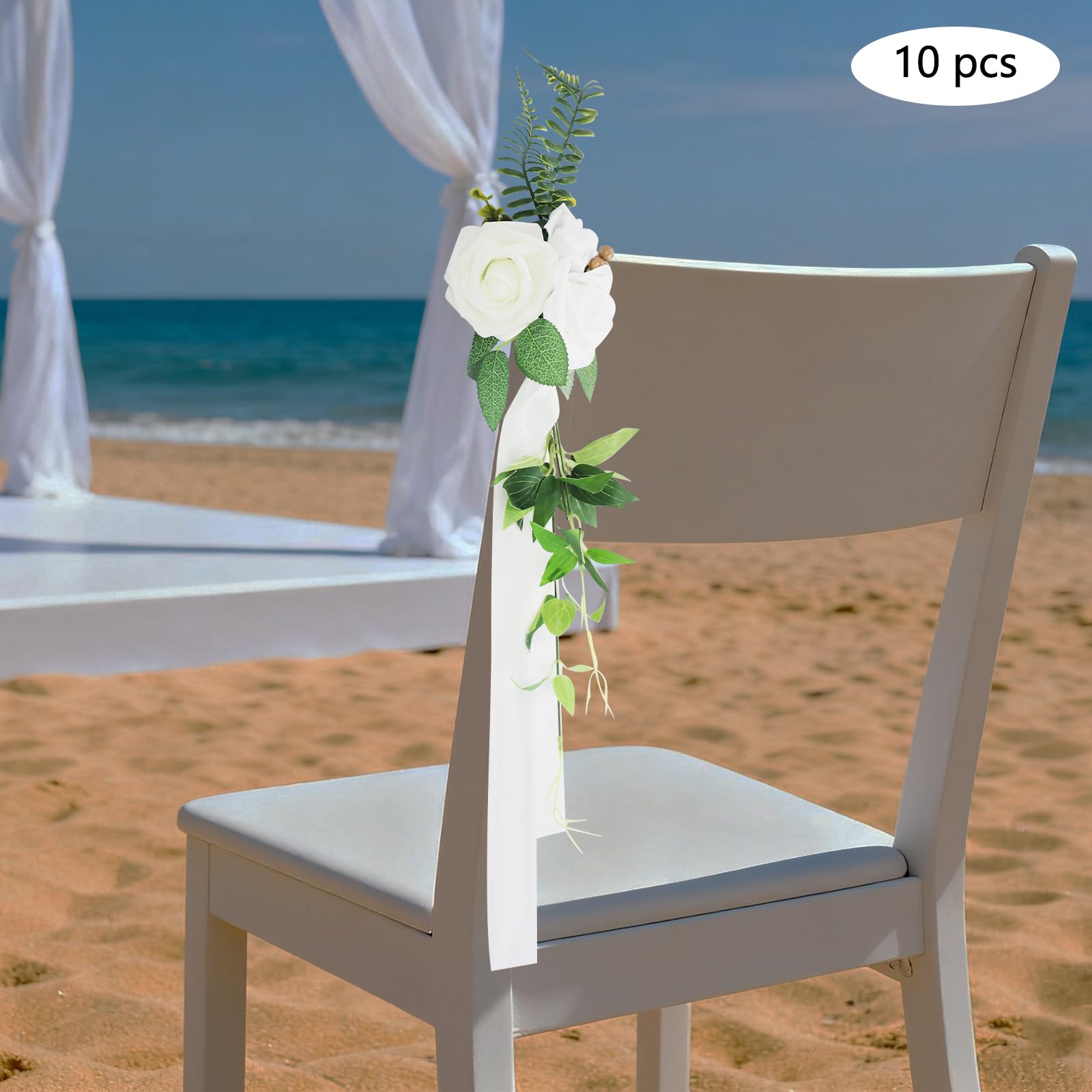 10-teiliges Set Künstliche Blumen 75 cm Länge – Hochzeitsdeko mit 10 cm Blütenköpfen aus Polyester – Stuhl Deko Hochzeit & Hochzeit Autoschmuck Deko mit Kabelbindern (Weiß)