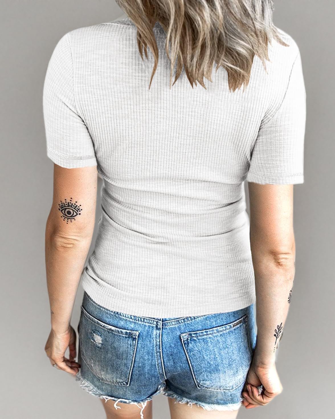 Women Casual Short Sleeve Tunic Tops V-Neck T Shirts Criss Cross Ribbed Slim Fitted Blouse - Image 3