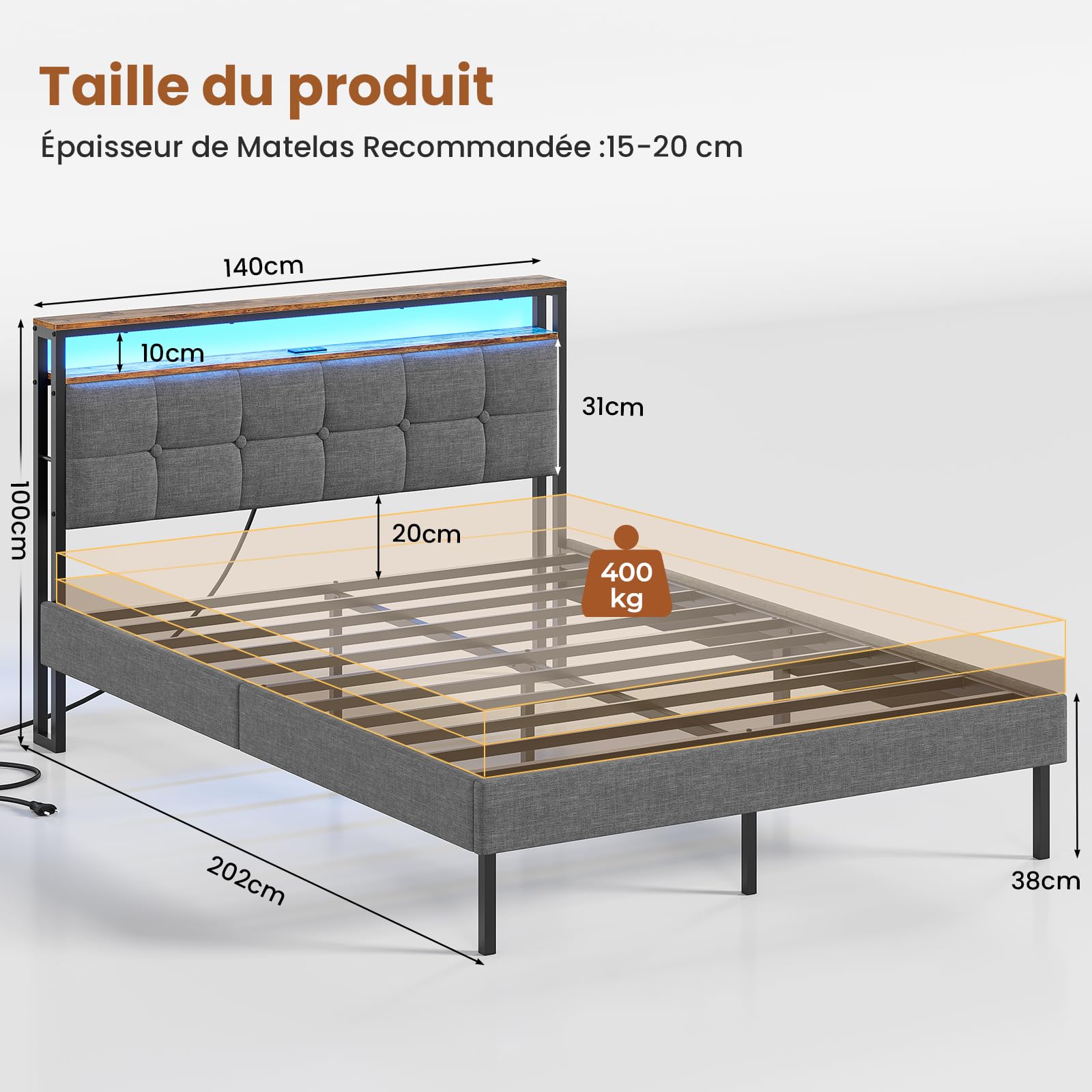 AOGLLATI Lit 2 Personnes avec Multiprise et LED Réglable,Cadre de Lit 140x190 avec Sommier Métal,Capitonnée en Lin Gris, sans Matelas
