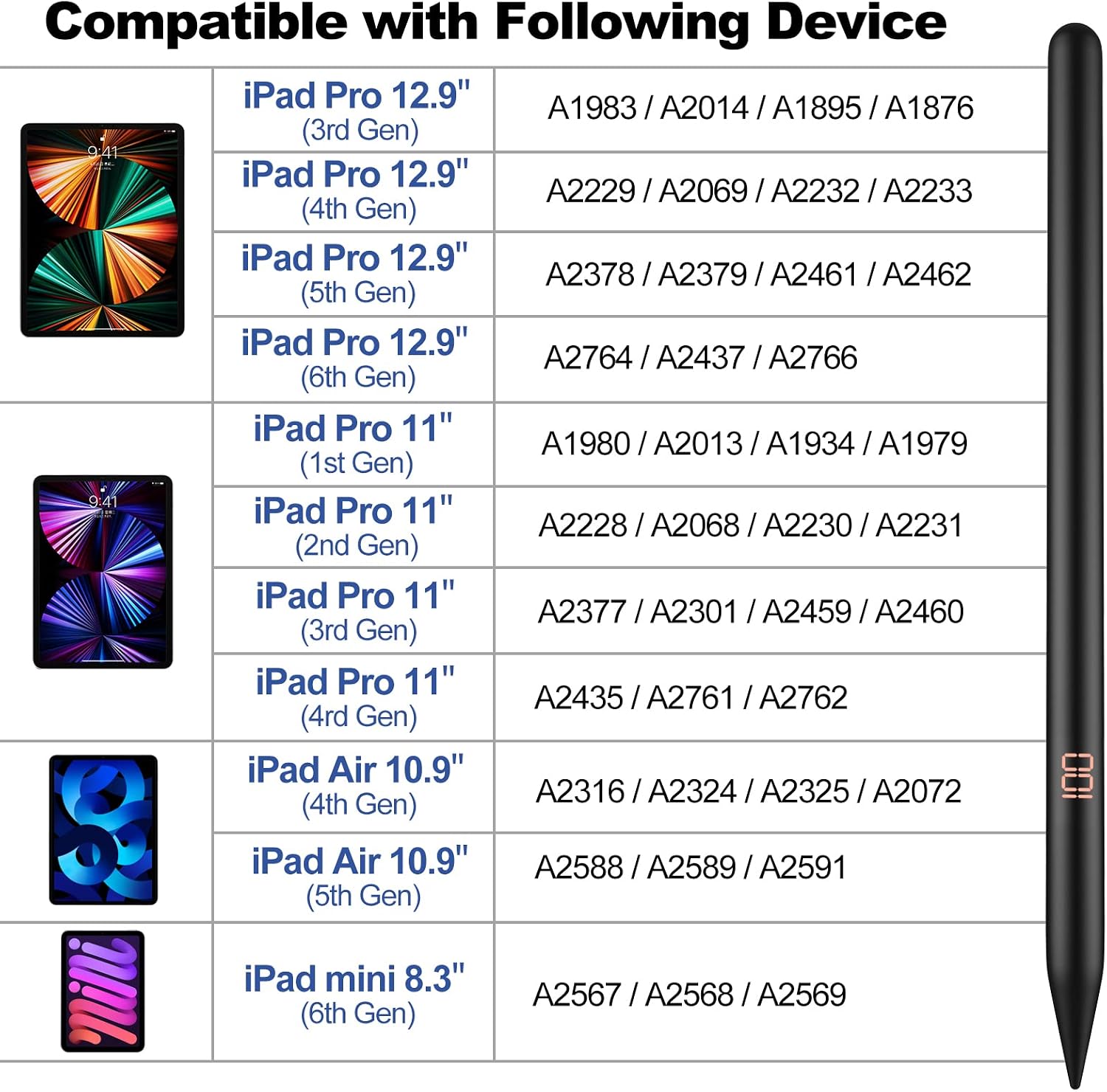 Zosylala 2nd Generation Stylus Pen for iPad with Wireless Charging,Palm Rejection,Digital Display,Compatible with Apple iPad Mini 6,iPad Air 4/5,iPad Pro 11 inch1/2/3/4,iPad Pro 12.9 inch3/4/5/6-Black