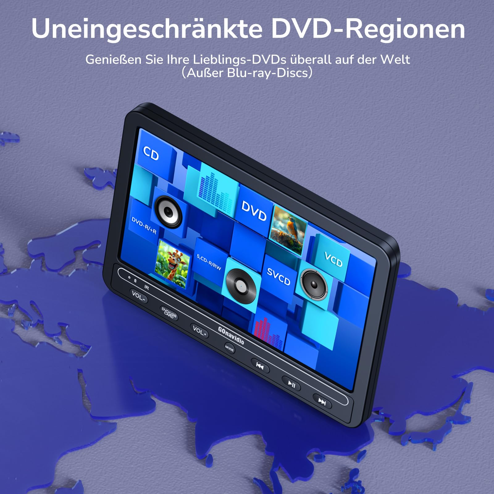 10,5 Zoll Auto DVD Player mit 5 Stunden Akuu, HDMI-Eingang, Kopfhörer, Auto TV Monitor Rücksitz für Kinder, Unterstützung von USB/SD