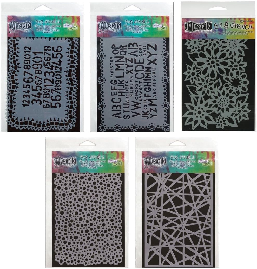 Ranger - Dyan Reaveley - Dylusions Stencils - 5"X8" Set 1 - Numbers, Letters, Flowers, Bubbles & Shattered