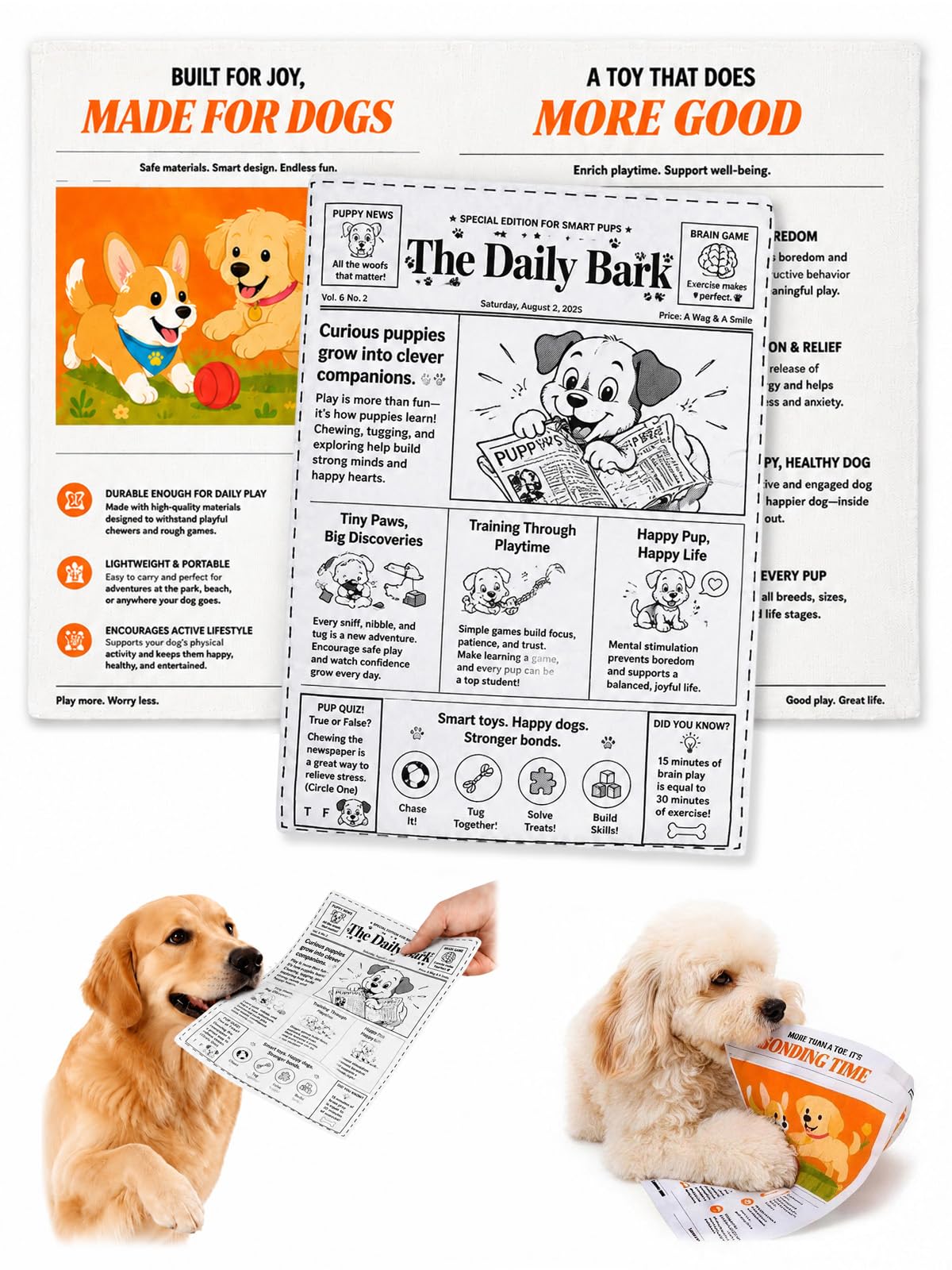 DVDVBOOM 2Pcs Indestructible Dog Toy, Newspaper Crinkle Squeaky Toy for Aggressive Chewers, Durable Interactive Dog Chew Toy for Boredom, Washable Puppy Toy for Small Medium Dogs
