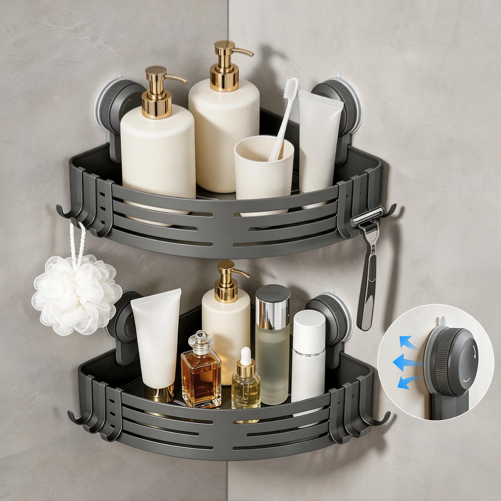 Lekesky Corner Shower Caddy Suction Cup, Shower Shelf No Drilling, Rust Resistant Bathroom Corner Shelves， Removable Shower Rack for Bathroom Organiser and Storage(Aluminum, 2-Pack, Gunmetal Grey)