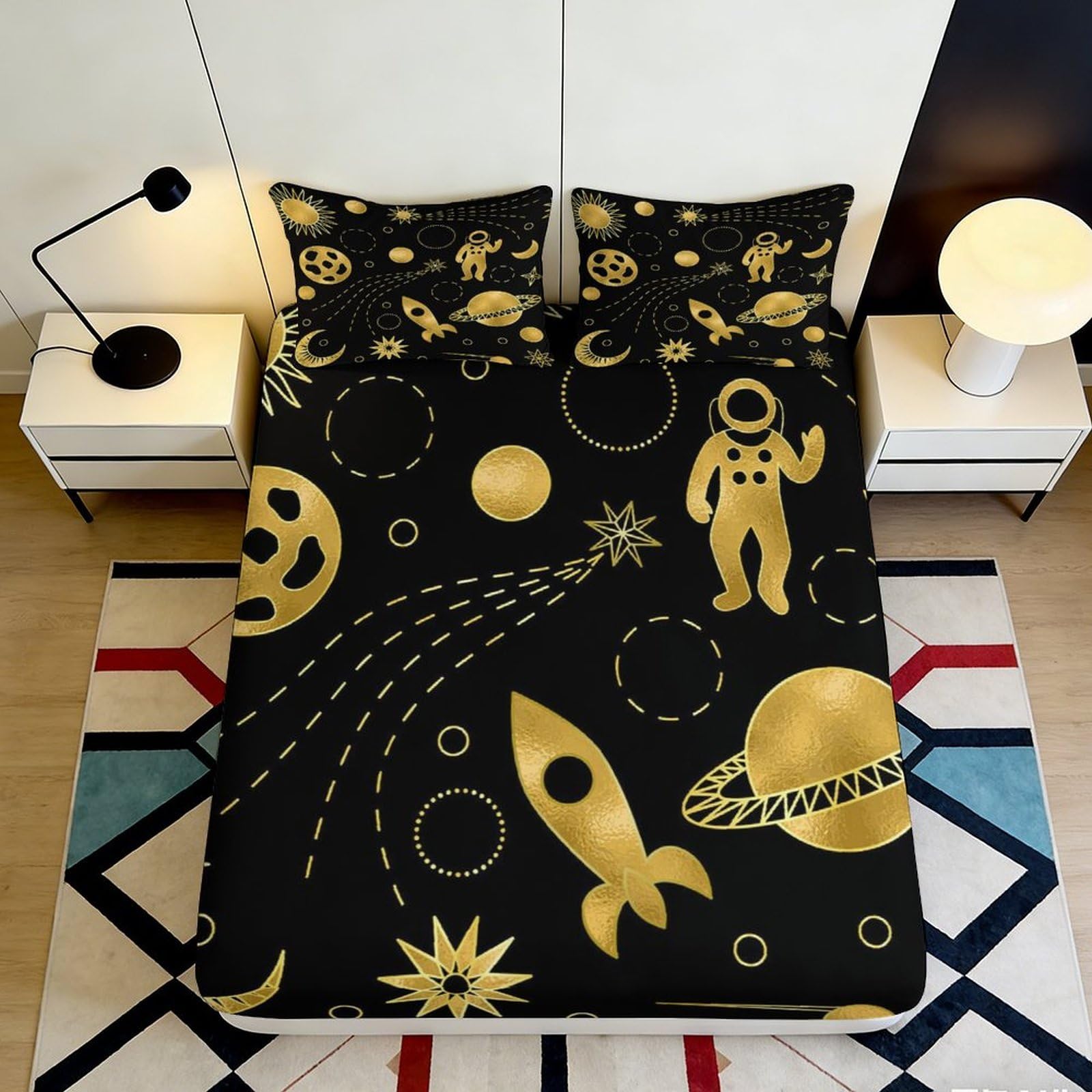 Pnayamiorkfel Style-9 3D Printed Space Astronaut Fitted Sheet Microfiber Soft Black Gold Rocket Bed Cover For Bedroom Guest Room Decor 90X200x25cm