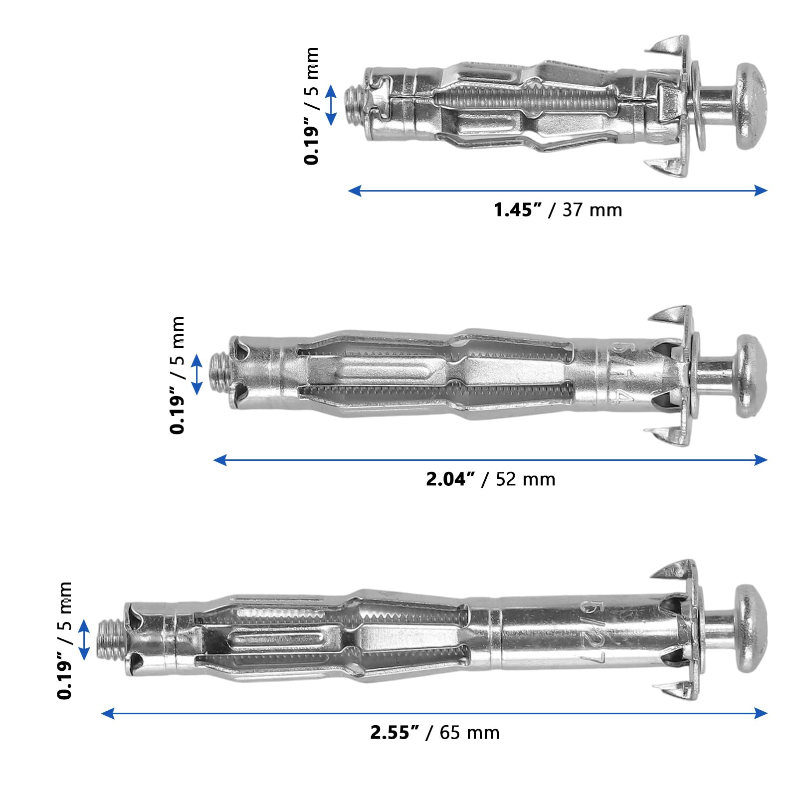 Kit de 61 chevilles placo métalliques avec pince - Chevilles Molly M5 pour fixation murale creuse - 3 tailles (37/52/65 mm) - Support jusqu'à 30kg