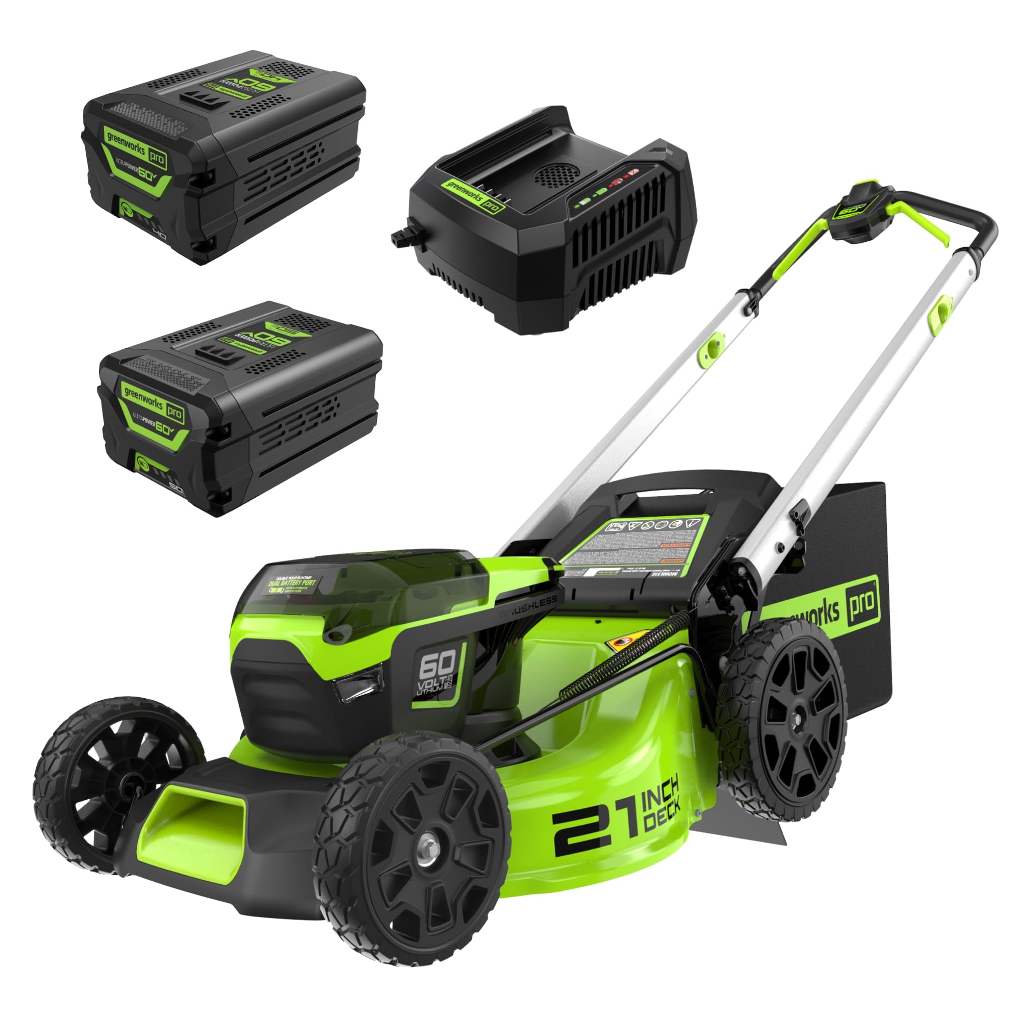 Greenworks 60V 21" Brushless (Push) Cordless Lawn Mower, 5.0Ah Battery + Bonus 4.0Ah Battery (1/2 Acre, Rapid Charger, 4-in-1, LED Lights, IPX4)