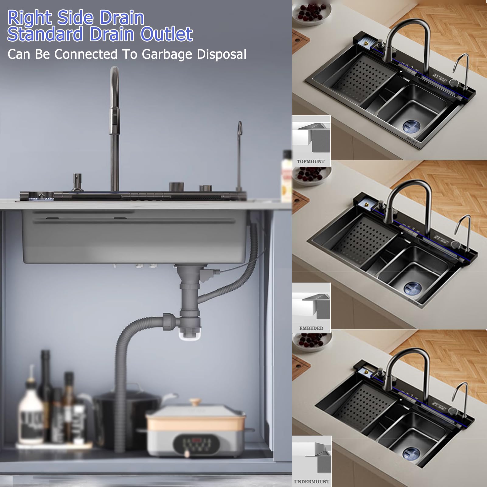 Fregadero de cocina de acero inoxidable de 75 × 46 cm con nano-revestimiento, pantalla digital de temperatura, doble cascada, encimera con tabla de cortar, fregadero doble y control de teclas de piano