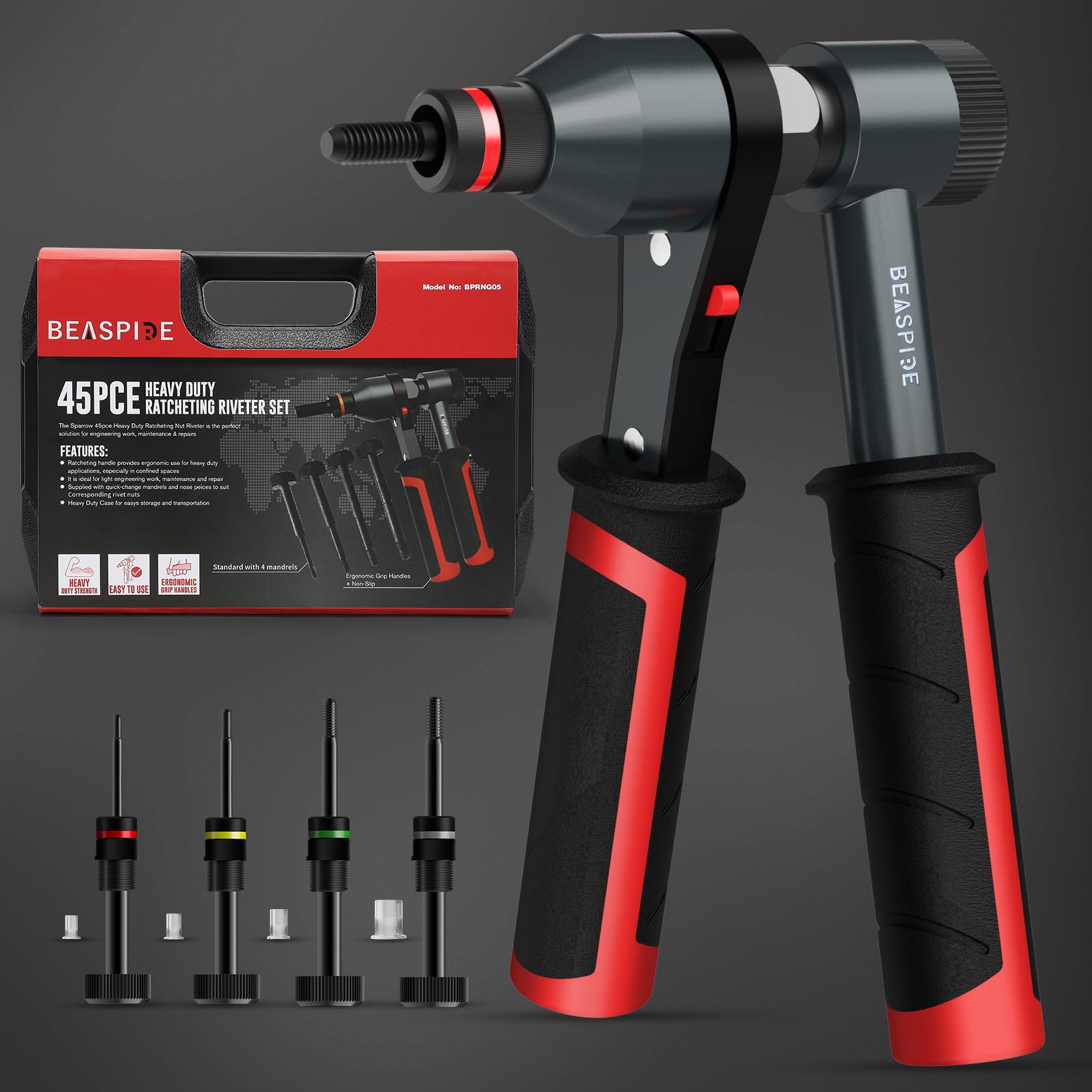 Beaspire Nietmutternzange Set, Profi Nietmutternratsche mit 4 Dornaufsätzen (M4 M5 M6 M8) und 40 Nietmuttern, Einnietmutternzange für Metallbearbeitung, Reparatur und Montage