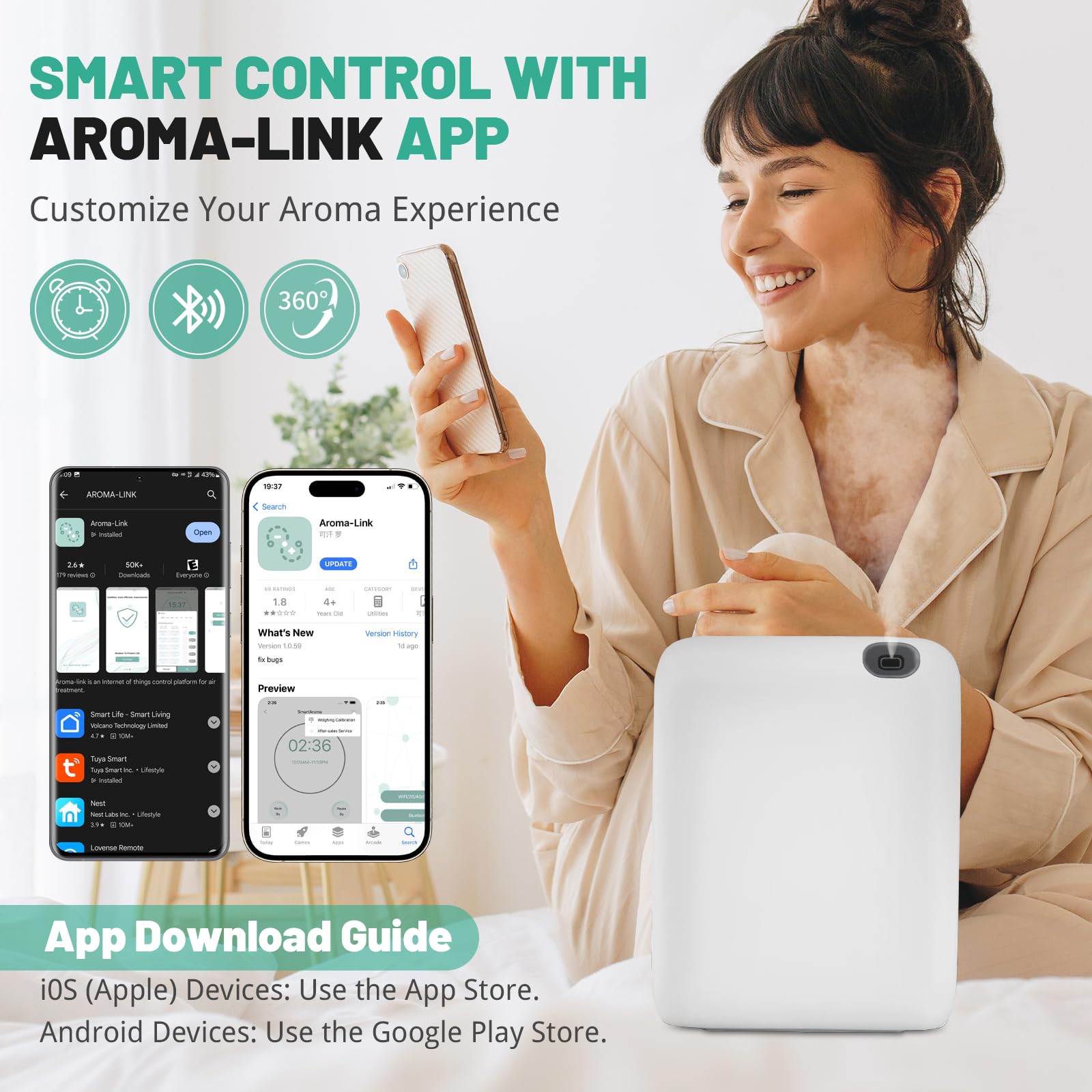 Difusor de la colección de hotel, aplicación Bluetooth, inalámbrico, funciona con pilas, difusor de aceite esencial sin agua, máquina de aire aromático para el hogar, difusores de aire frío para
