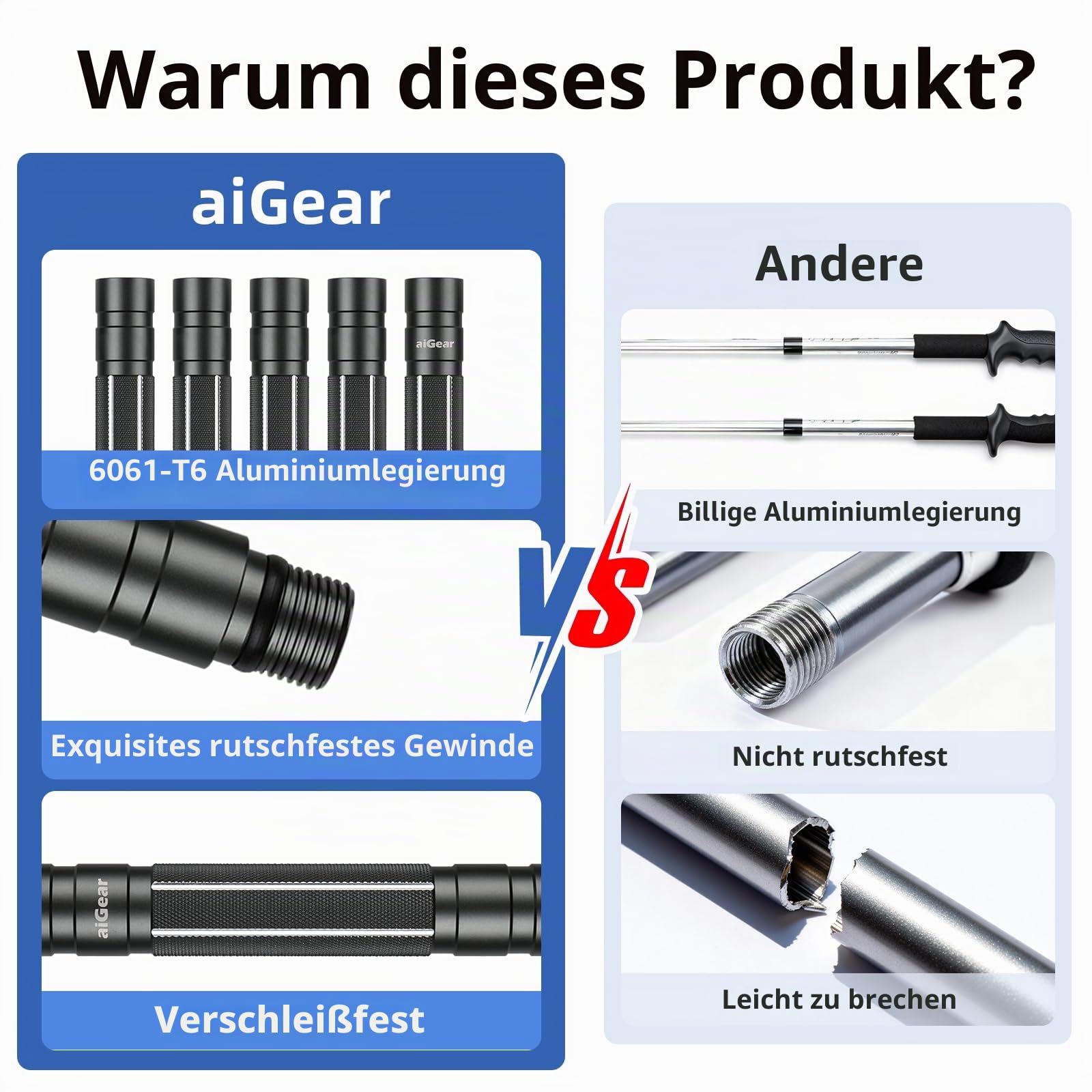 aiGear Wanderstöcke 5 Rohres Schwarz Aluminium rutschfest und Stoßfest | Trekking Stöcke, Walkingstöcke Multifunktionale Bergsteiger Ausrüstung, für Outdoor Wandern Camping Geschenke
