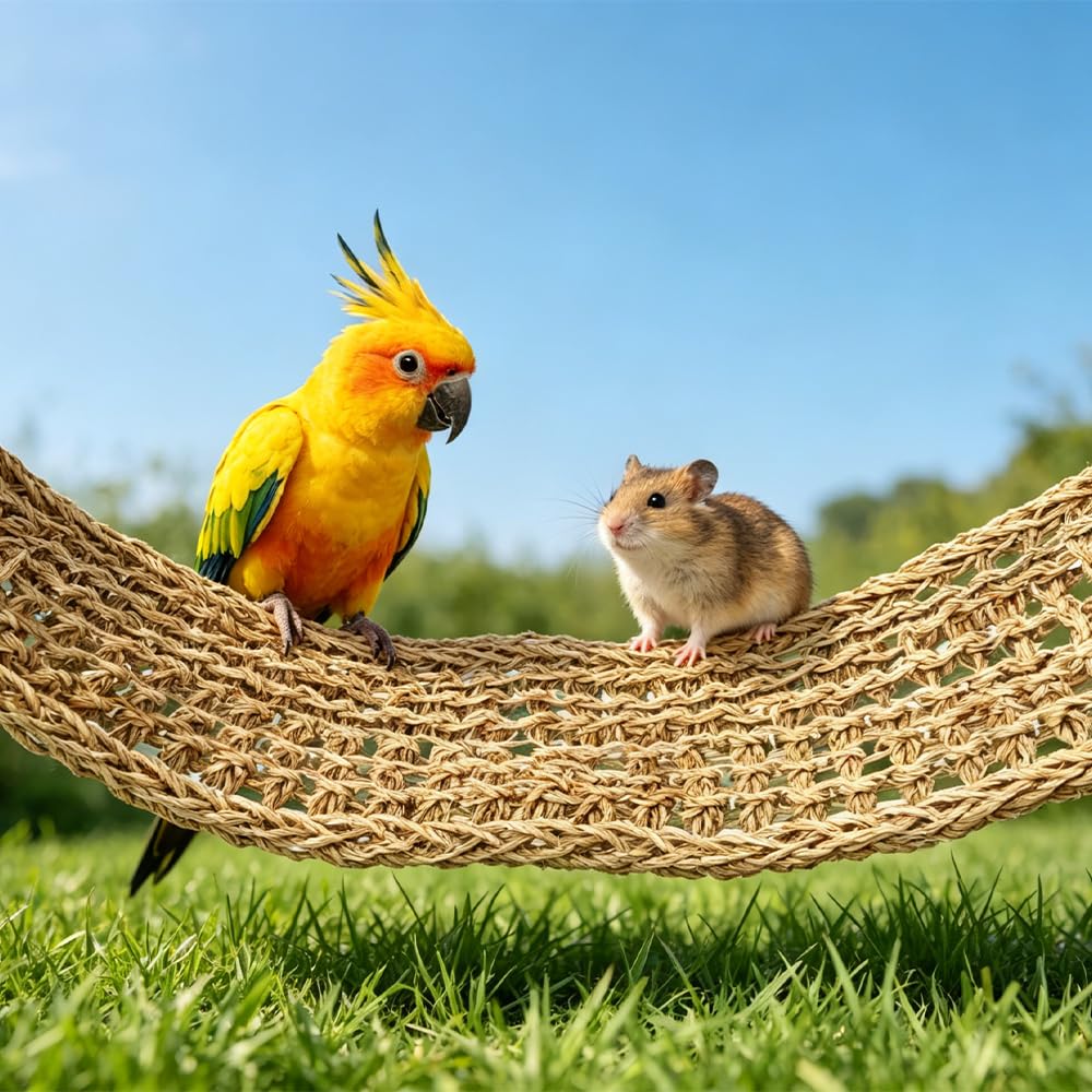 Seegras Hängematte 2 Stück 75 x 18 cm Seegrasmatte Vögel mit Haken, Seegras Hängematte für Nymphensittich, Hamster, Meerschweinchen, Ratten, Reptil Kletterseil-Leiter-Kauspielzeug