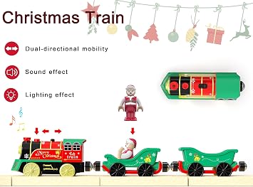 Christmas Train Toys for Wooden Tracks, Electric Locomotive Train Set Compatible with Thomas & Friends, Brio, Chuggington