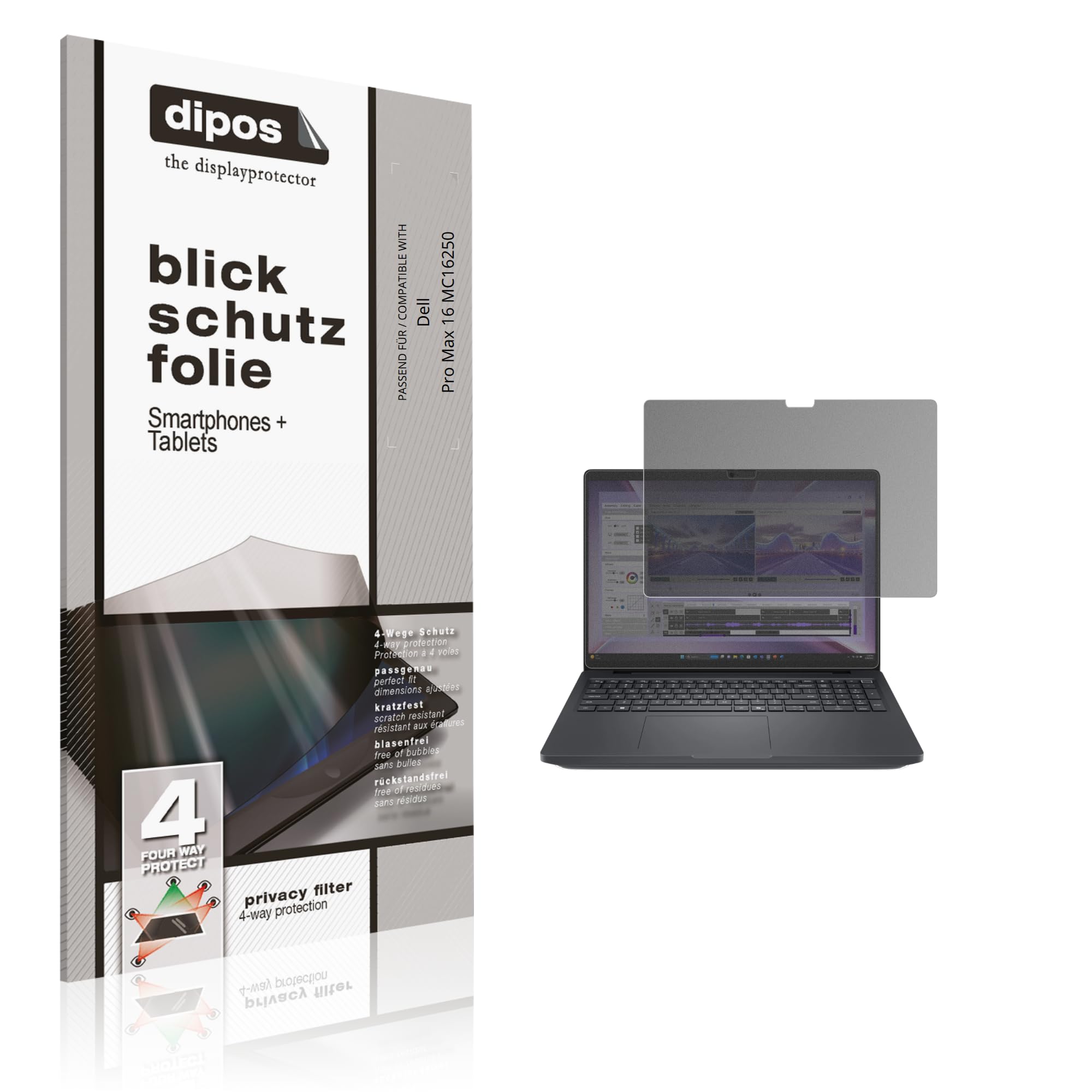 dipos Blickschutzfolie für Dell Pro Max 16 MC16250 | Displayschutz matt mit 4-Wege Sichtschutz-Effekt, Privacy Filter, passt perfekt, kratzfest, blasenfrei, selbstklebend