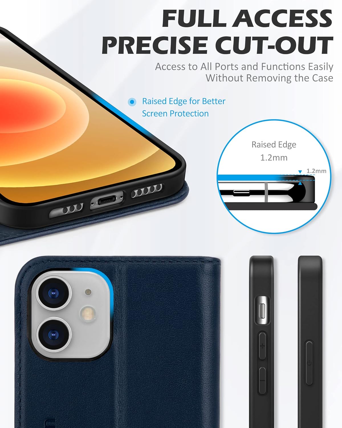SHIELDON Case for iPhone 12/12 Pro 5G, Genuine Leather Wallet Case RFID Blocking Credit Card Holder Folio Magnetic Stand Shockproof Cover Compatible with iPhone 12/12 Pro (6.1") - Navy Blue