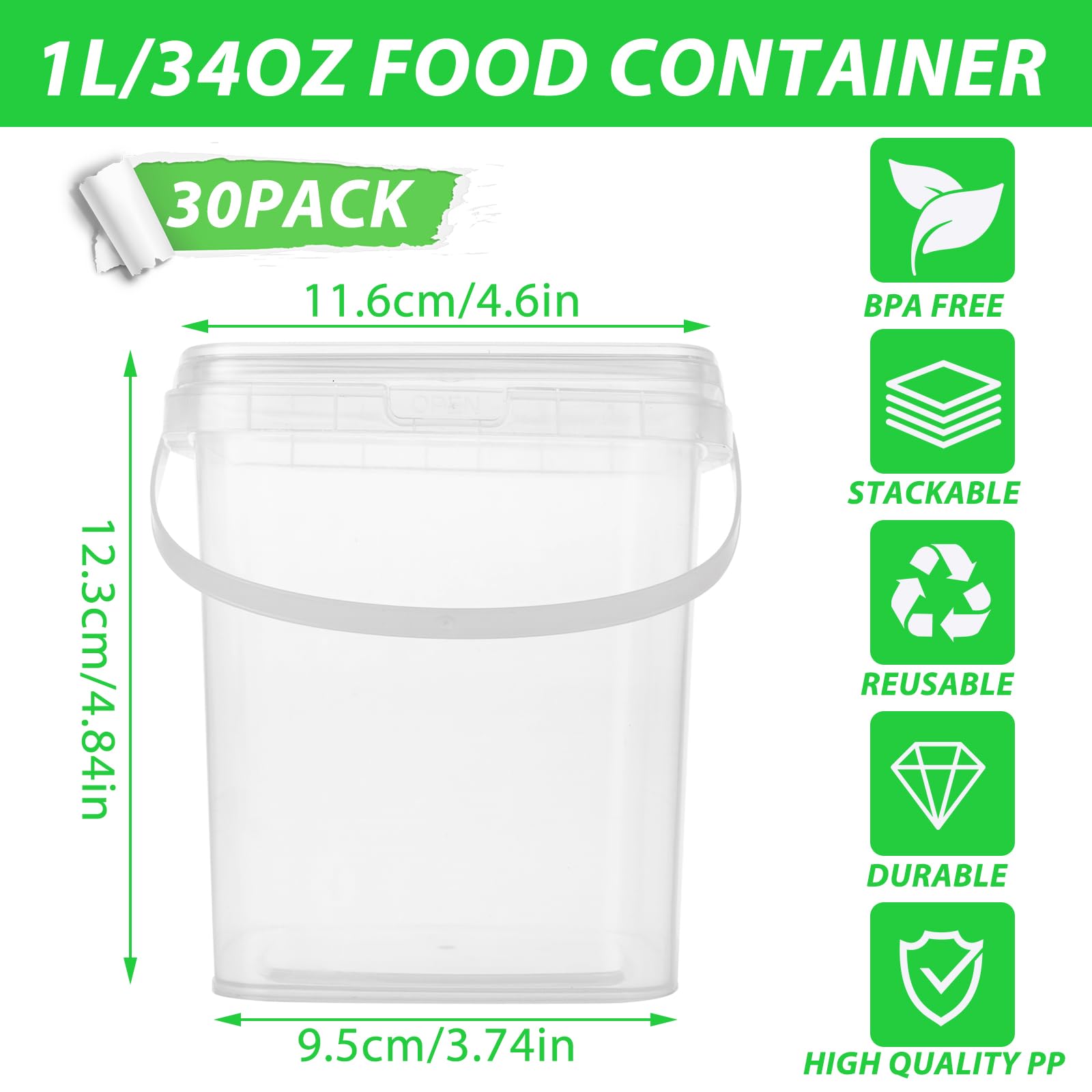 SENENQU Paquete de 30 recipientes cuadrados de 1L/963.9 g con tapas, contenedores de plástico transparente para almacenamiento de alimentos, contenedores organizadores herméticos para preparación de