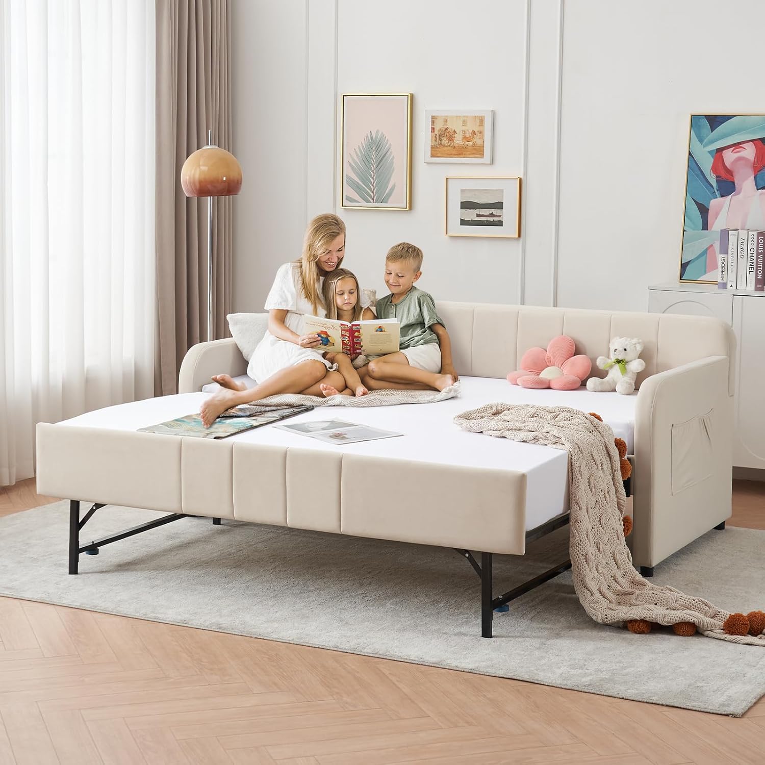 Twin Daybed with Pop Up Trundle, Upholstered Tufted Velvet Twin to King Size Daybed Frame with Armrests & USB Charging Ports for Bedroom, Guest Room, Living Room, No Box Spring Needed, Beige