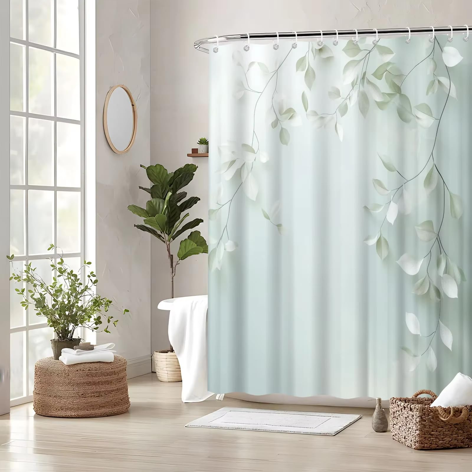 Duschvorhang aus Polyester 220x260cm/Breite x Höhe Muster mit hellgrünen Blättern und dunklen Zweigen, maschinenwaschbar, waschbarer, wasserdichter Stoff