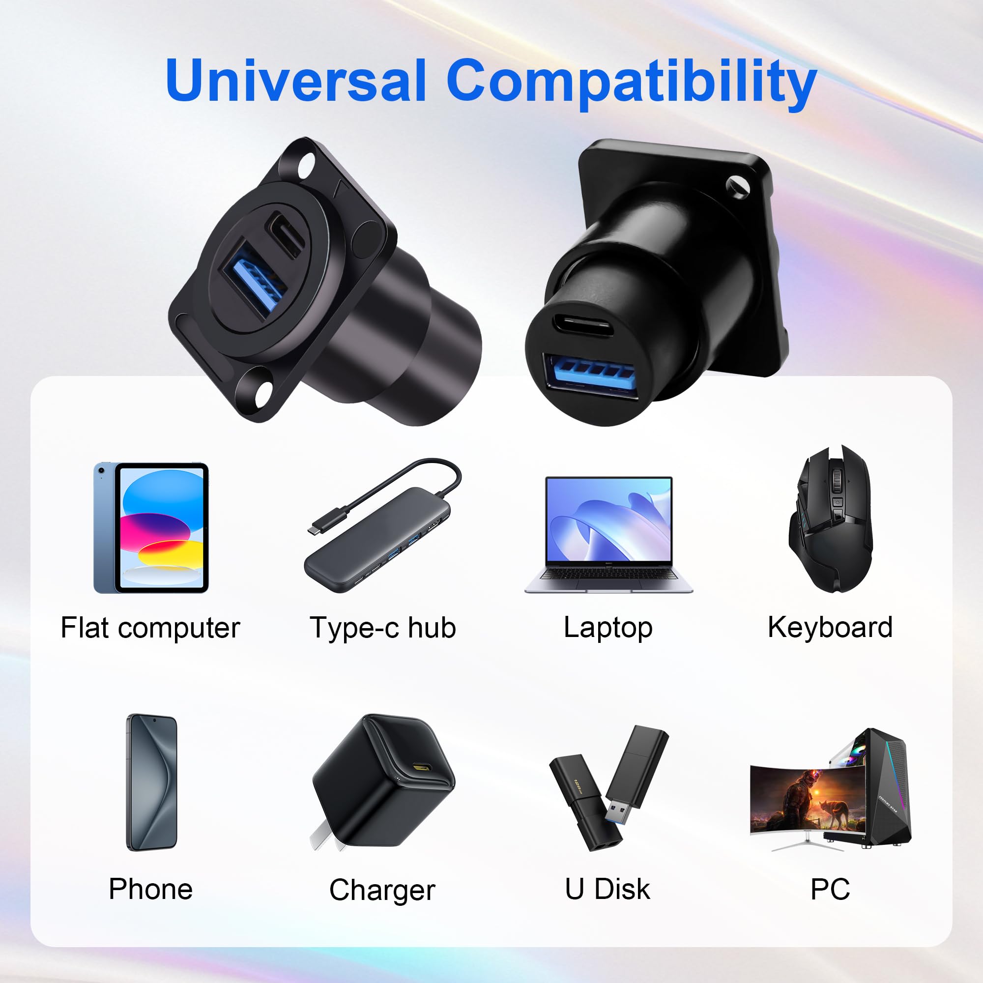 Dual USB 3.0 & Type C Panel Mount Adapter, D-Type Bulkhead Feedthrough Socket with USB A 3.0 + USB C 3.1 Dual Ports for Car/Home/Industrial (High-Speed Data & Charging)