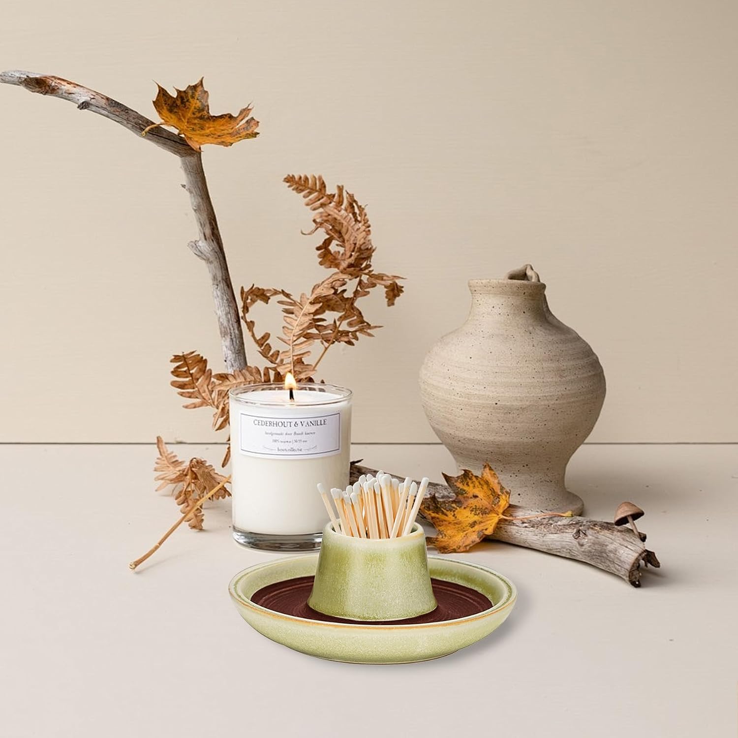 SANDOO Handmade Ceramic Match Holder with Striker - Works with All Matches,Decorative Match Holder,Match Stick Holder,Candle Accessory,Aesthetic Home Decor for Fireplace,Matches not Included,4.7"x1.8"