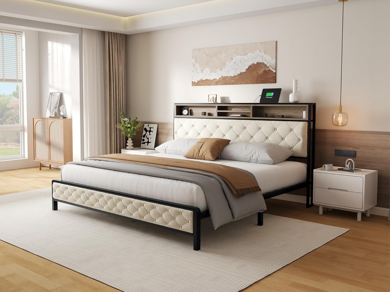 King Size Bed Frame with Upholstered Headboard Charging Station Modern Platform Bed with 2-Tier Storage Shelves Sturdy Metal