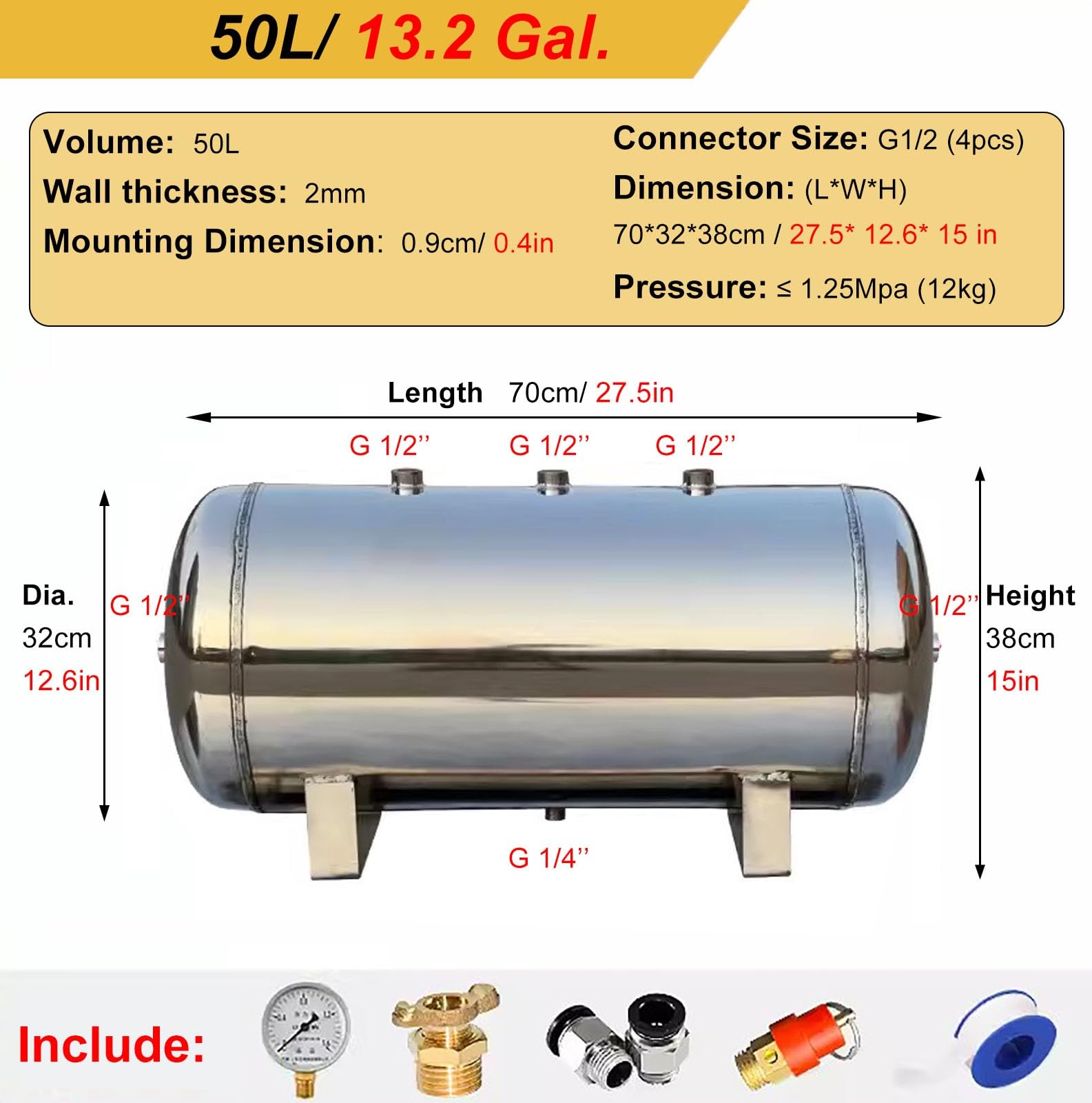 Réservoir d'air portable 1,3 2,6 5 8 10 13 gallons Réservoir de stockage en acier inoxydable/réservoir d'air, conteneurs de vessie de stockage d'air avec kit de montage pour système d'air sous pressio