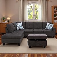 Vista 16 de Sofá modular de cuero en forma de L de 3 piezas – Sofá modular convertible con diván móvil y otomana de almacenamiento, uso multiescenario para sala