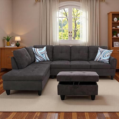 Vista 16 de Sofá modular de cuero en forma de L de 3 piezas – Sofá modular convertible con diván móvil y otomana de almacenamiento, uso multiescenario para sala