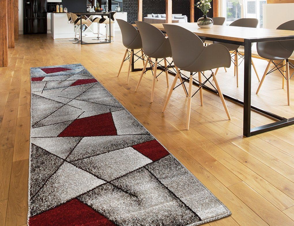 oKu-Tex Bettumrandung Set 3-teilig [67x340 cm | 2 mal 67x140 cm] Roter Bettvorleger, meliert - weicher Kurzflor pflegeleicht - Teppich Schlafzimmer - Modernes geometrisches Design - Deutsche Marke