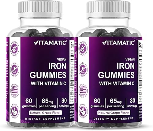 Vitamatic Suplemento de gomitas de hierro de 65 mg para mujeres y hombres, 60 gomitas veganas, vitaminas de goma de hierro de gran sabor con