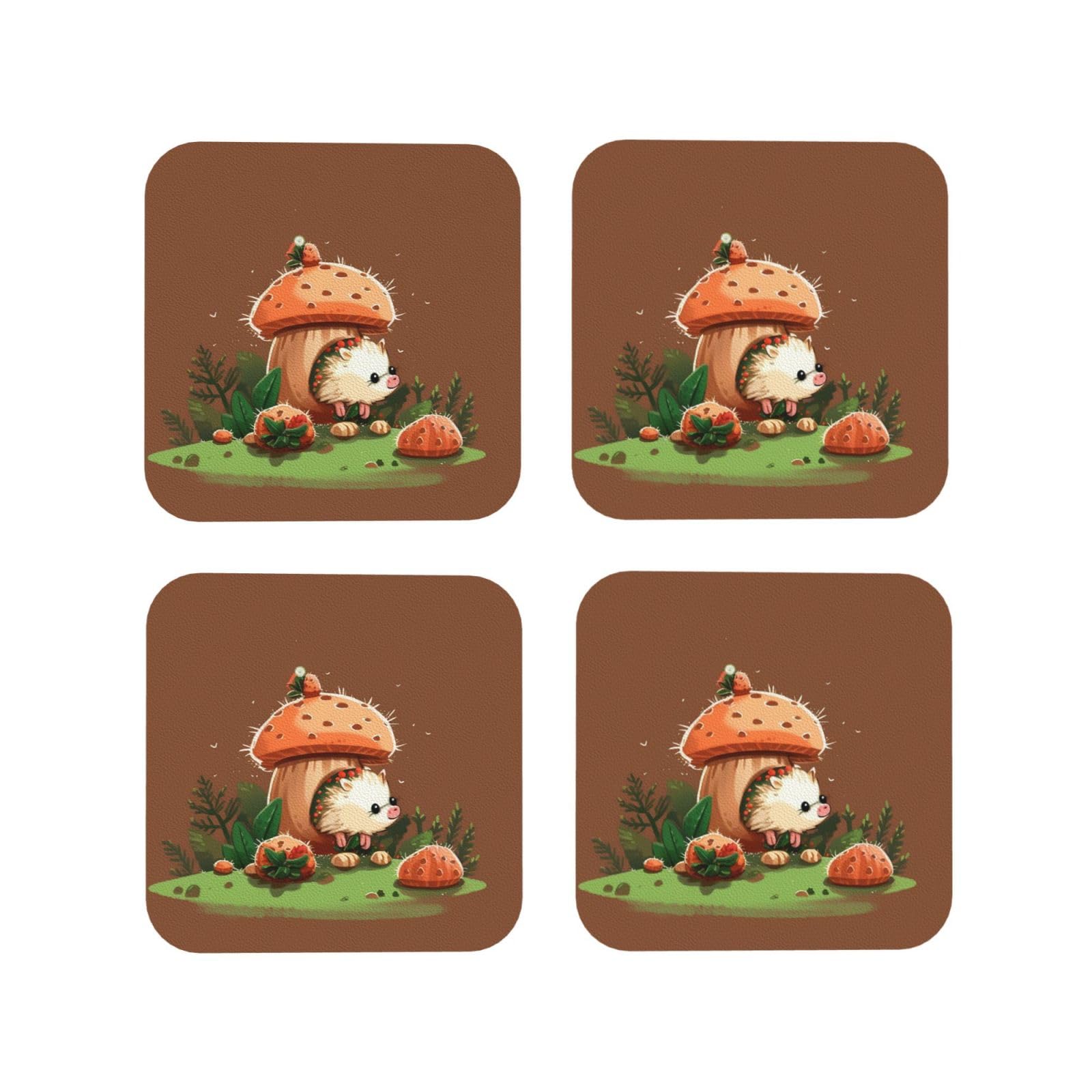 4pcs Drink Coasters for Tabletop Protection, 4" Leather Coasters for Drinks, Hedgehog and Mushroom Cup Coasters for Coffee Table Decor, Non-Slip Drinking Cup Mat for Hot Or Cold Drink