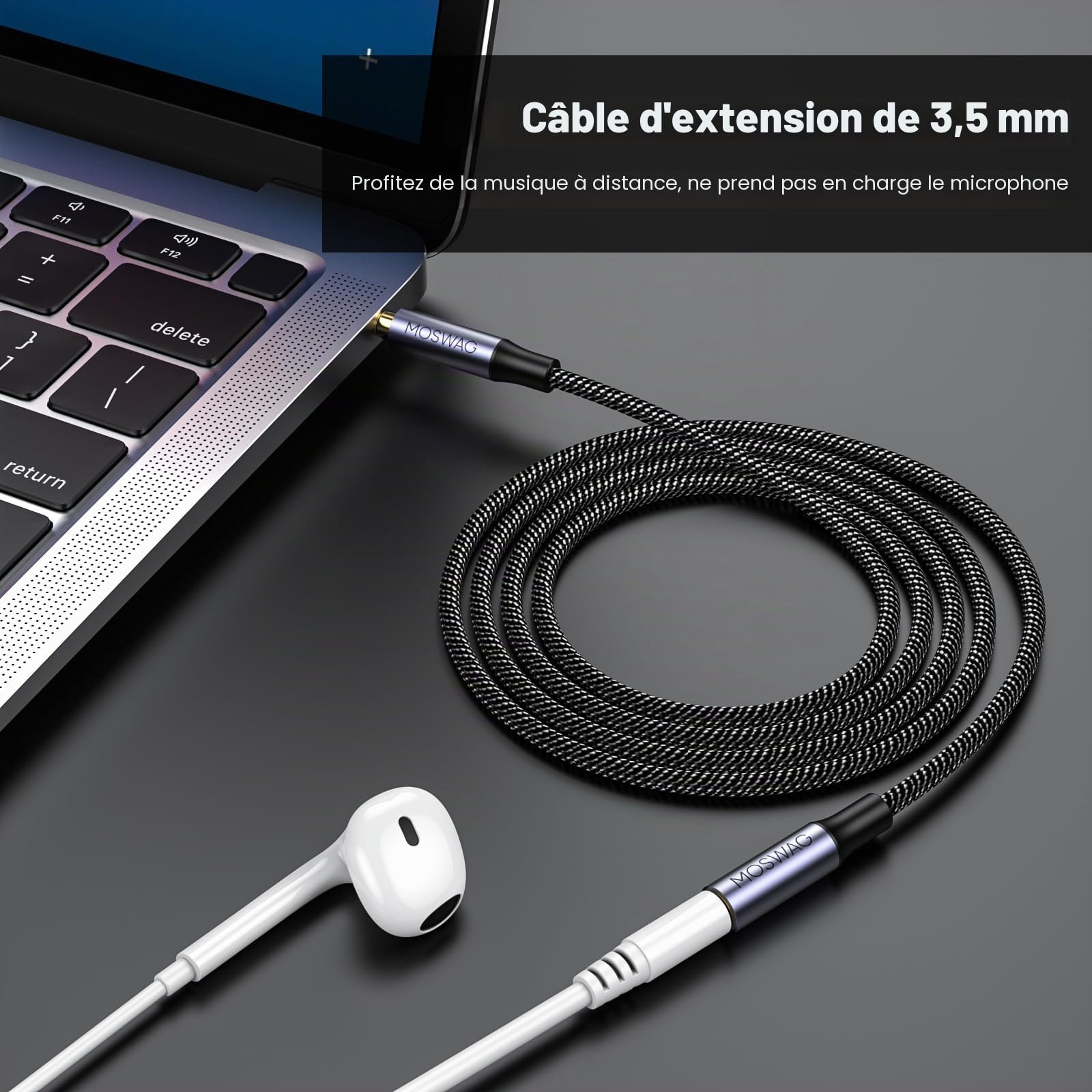 MOSWAG Rallonge Jack Audio 3.5 mm 3 Pôles pour Casque Micro, Nylon Tressé Jack Mâle vers Femelle Câble Extension Audio Stéréo Compatible avec MacBook, IMAC, voitures, téléviseurs, DVD (1M)