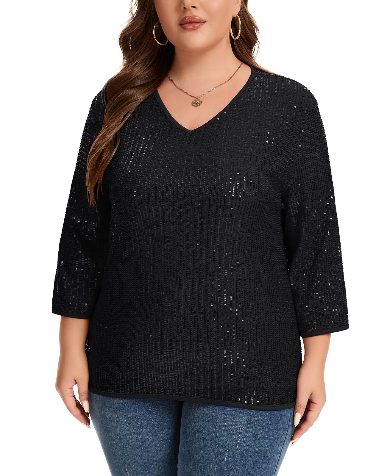 XL-5XL Grande taille Chemisier à paillettes T-shirt Femmes Haut à paillettes étincelantes Col en V Doublé Manches 3/4 Vêtements de soirée décontractées