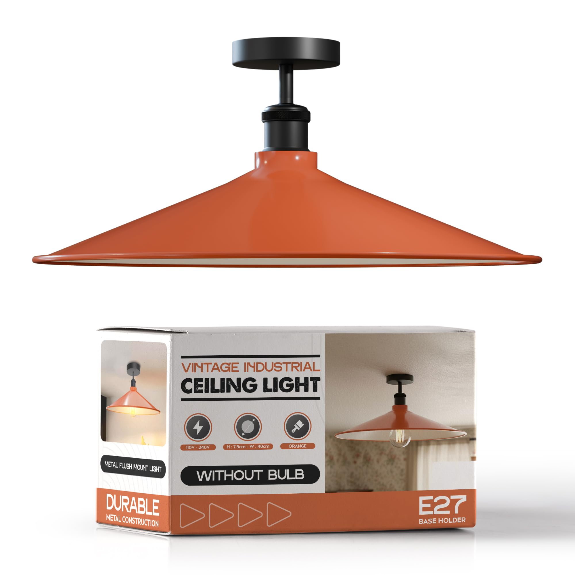 DC VOLTAGE Vintage Semi Flush Mount Ceiling Lights Fixture Metal E27 Base Lampholder with 22cm Meatl Orange Shade LED Ceiling Lamp Chandelier for Living Room Kitchen Bedroom Hallway EPC A+ โ image 1