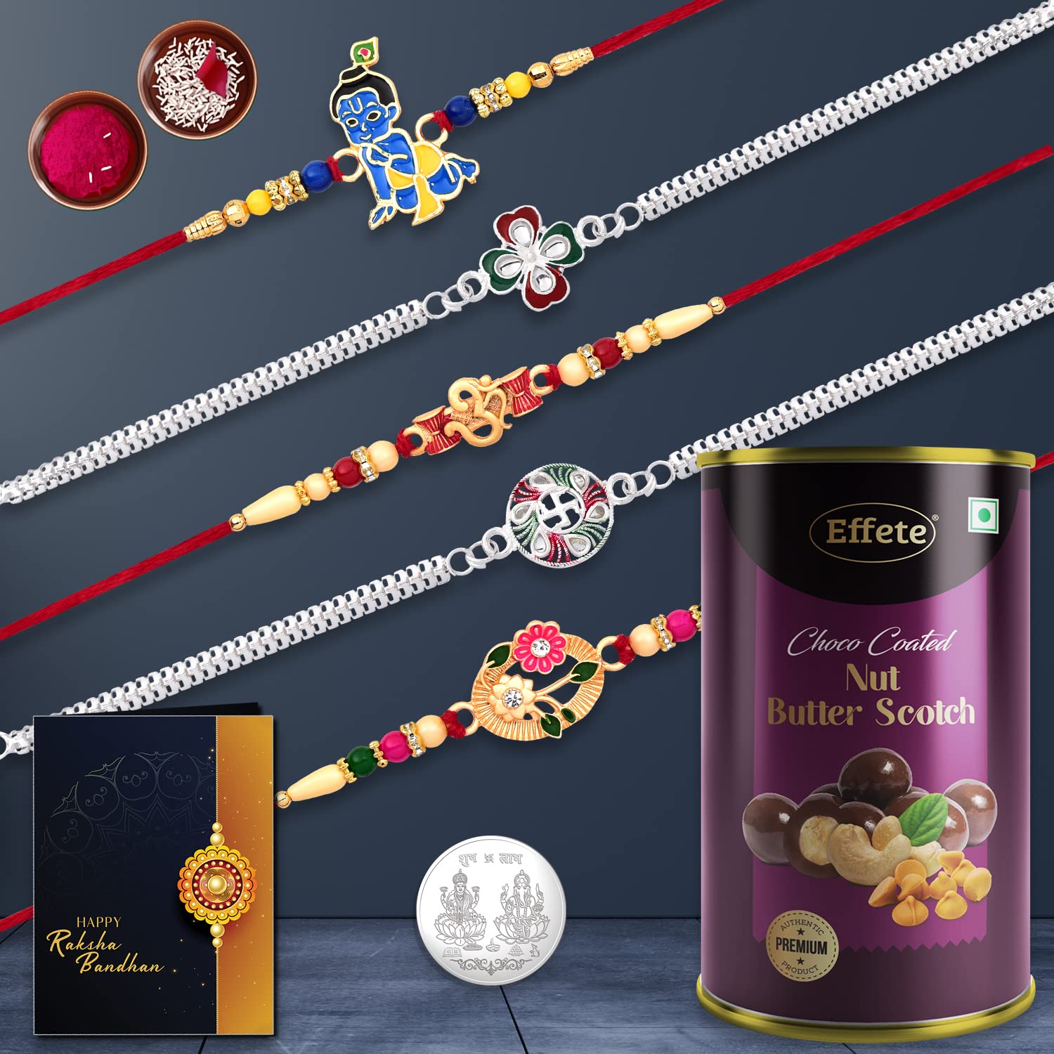 DeoDap (K5_NC13_BS) Multicolor Rakhi Combo with Effete Chocolate Butter Scotch , Silver Color Pooja Coin, Roli Chawal & Greeting Card, Occasion, Rakhi & Chocolate for brother, bracelets for men stylish, rakhi with gift, Rakhi Combo, Set of 5 Rakhi, R (B099F7Q4B6) Amazon Price History, Amazon Price Tracker