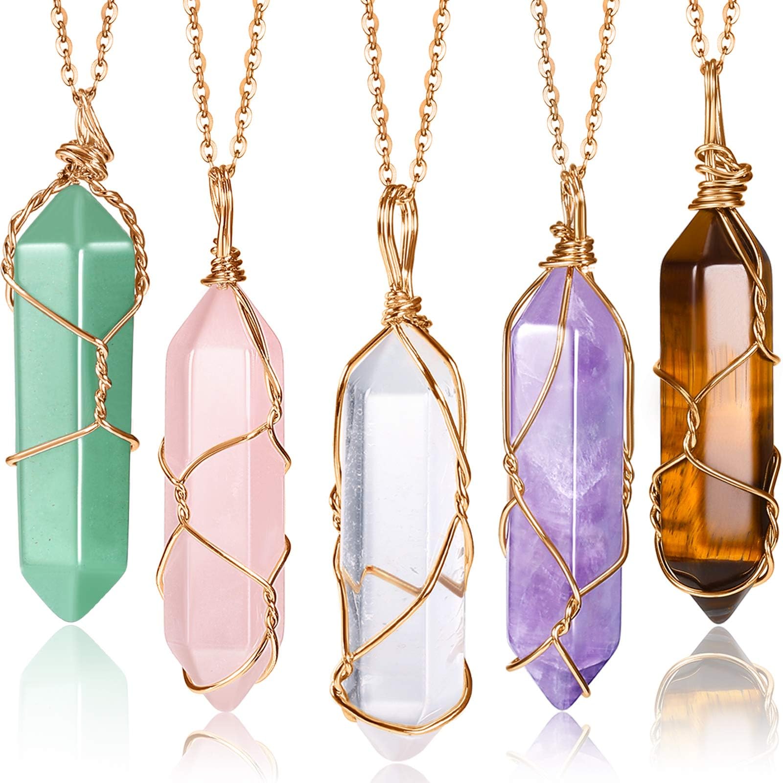 Yaomiao 5 Pieces Crystal Necklaces, Healing Stones Spiritual Pendant Natural Gemstone Jewelry with Adjustable Chain for Women Girls