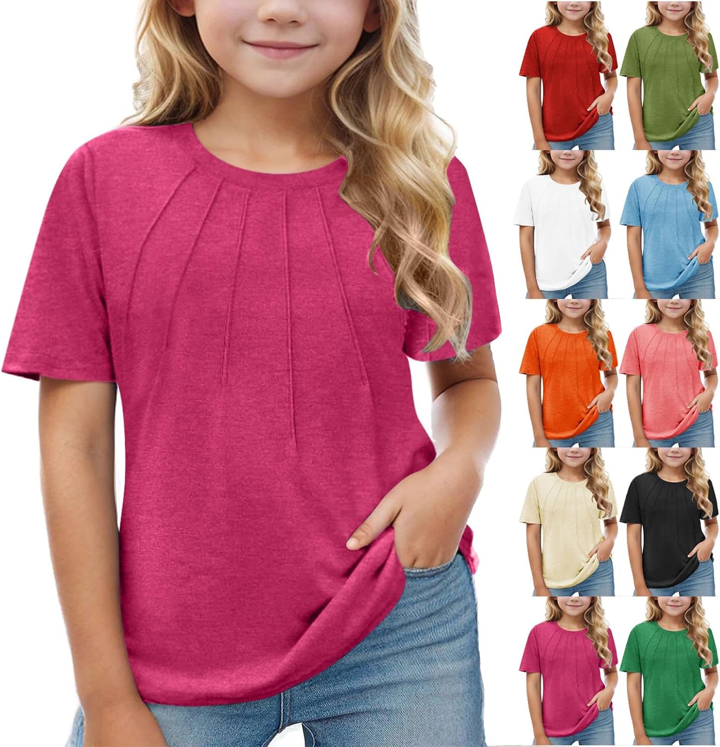 Girls Pleated T-Shirt Short Sleeve Tunic Blouse Quick Dry Crewneck Tees Teen Kids School Uniform Tops Athletic T-Shirt