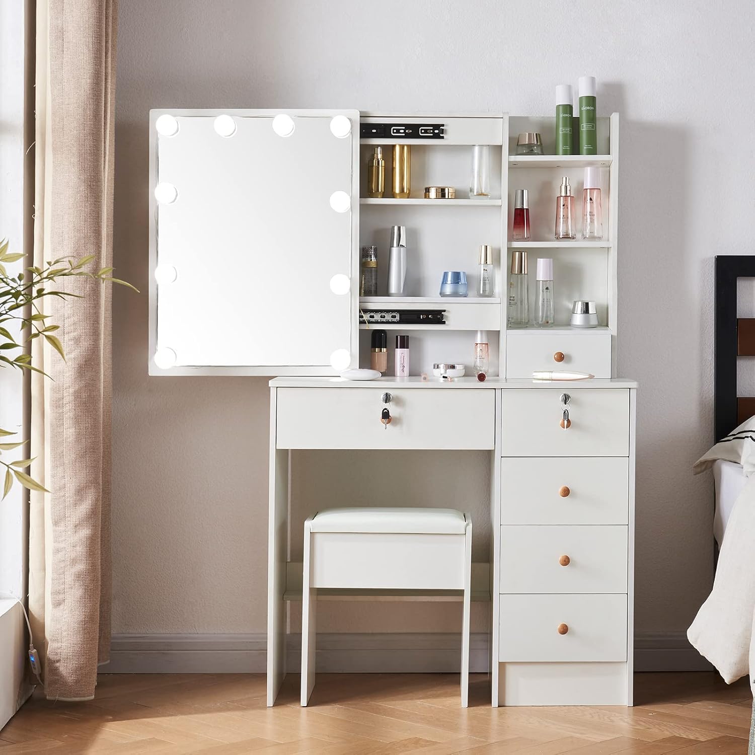 White Vanity Desk Set with LED Sliding Mirror, Modern Makeup Vanity