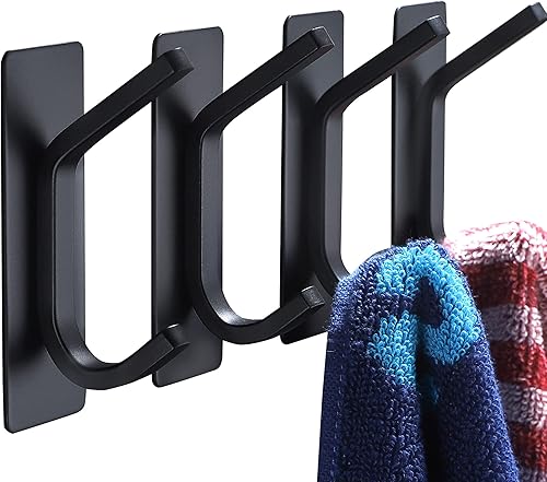 YIGII Ganchos adhesivos para toallas, ganchos de pared negros para baño y cocina, ganchos resistentes, paquete de 4, acero inoxidable