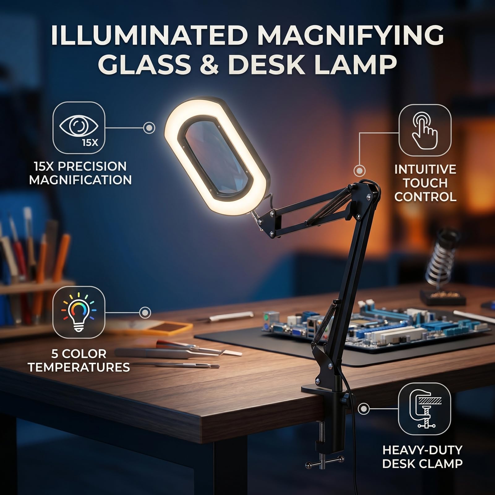 Tosuny Lupa 15X con Luz, 5 Temperaturas de Color, Brazo Giratorio de 360 ​​Grados, Lupa Iluminada Alimentada por USB para Lectura, Manualidades, Reparación de Pasatiempos
