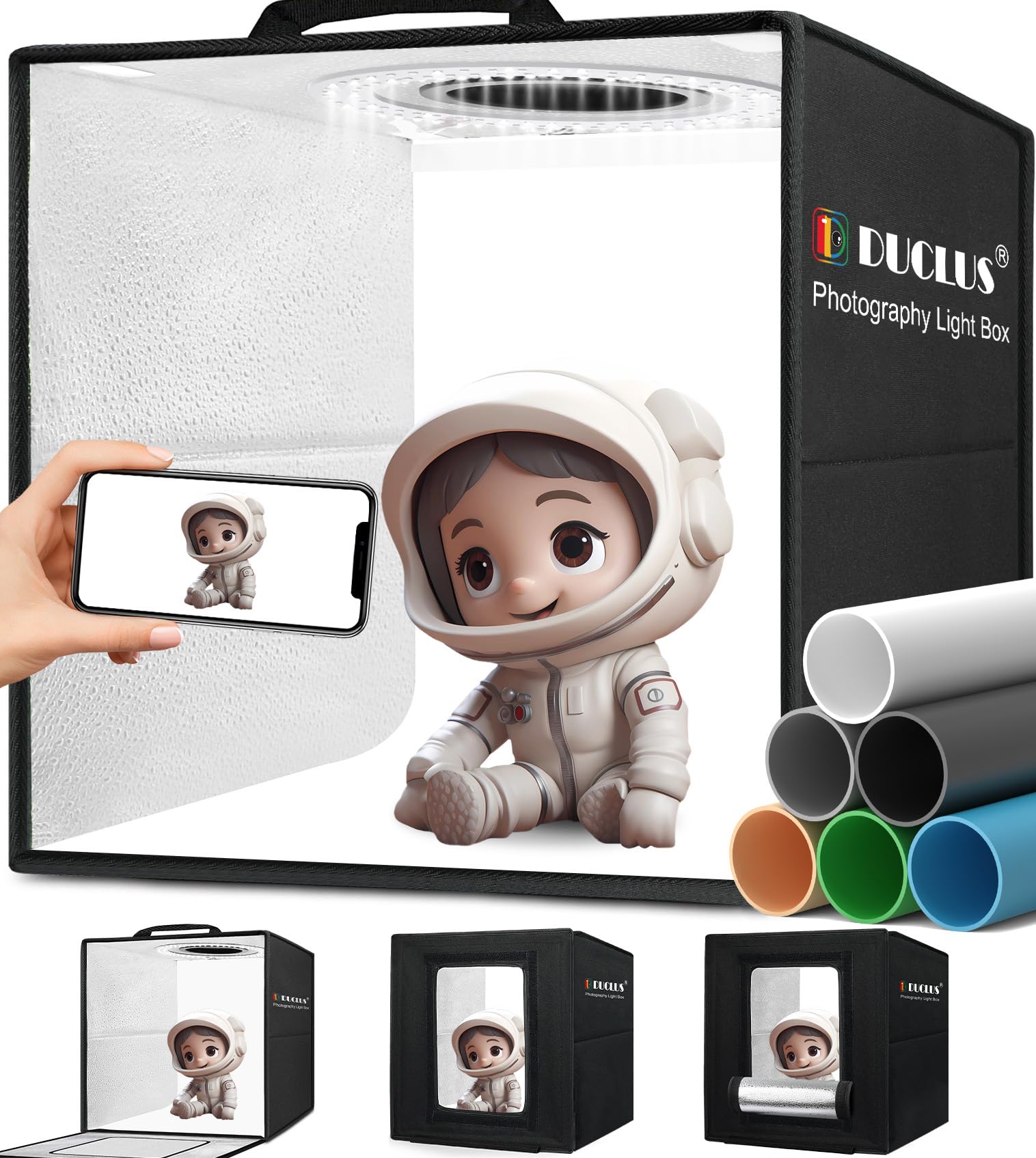 DUCLUS Boîte à Photo 25x25cm, Portable Box Photo Studio avec 104pcs LED Lumière Réglable, 6 Fond Lisse pour Photographie Produit Bijoux/Cosmétique/Nourriture