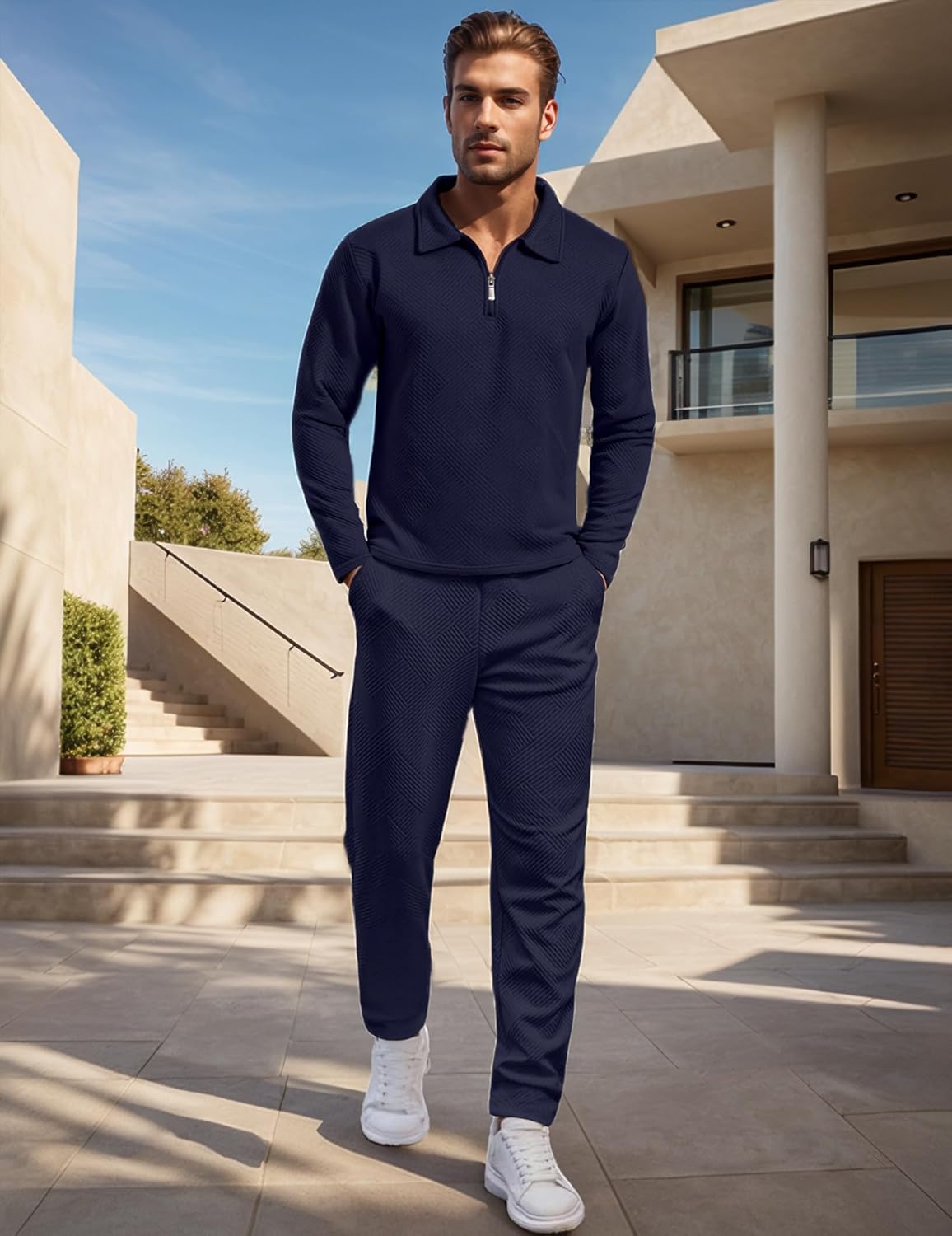 UOUA Mens 2 Piece Set Casual Outfits Polo Long Sleeve Shirt & Pants Tracksuit Loungewear Athletic Jogger Sweatsuit - Image 2