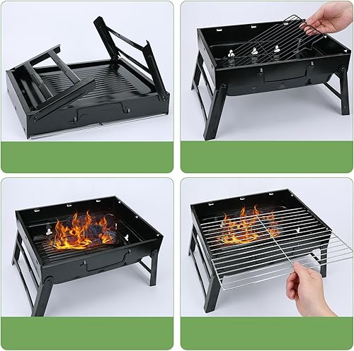Miniatura 7 de Parrilla de carbón portátil para camping, portón trasero, playa, barco, plegable, pequeña parrilla de barbacoa para exteriores, juego de parrilla