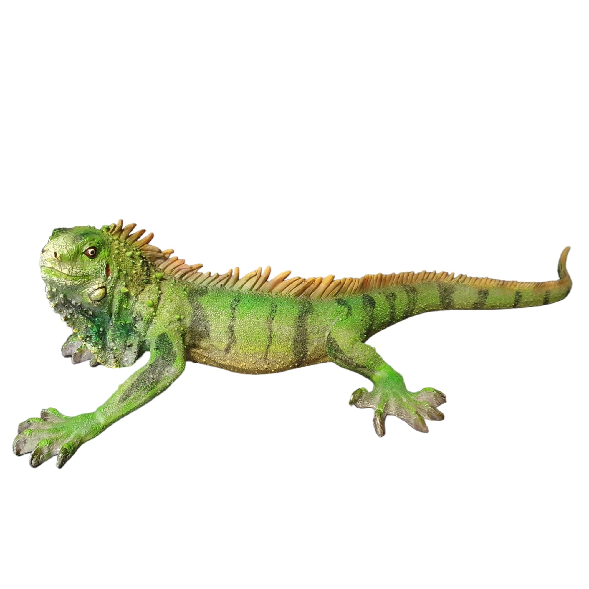 Gartenfigur Leguan 60 cm grün-braun flach breit – wetterfeste Leguanfigur Großformat gespreizt, Reptil Garten Deko Kunstharz