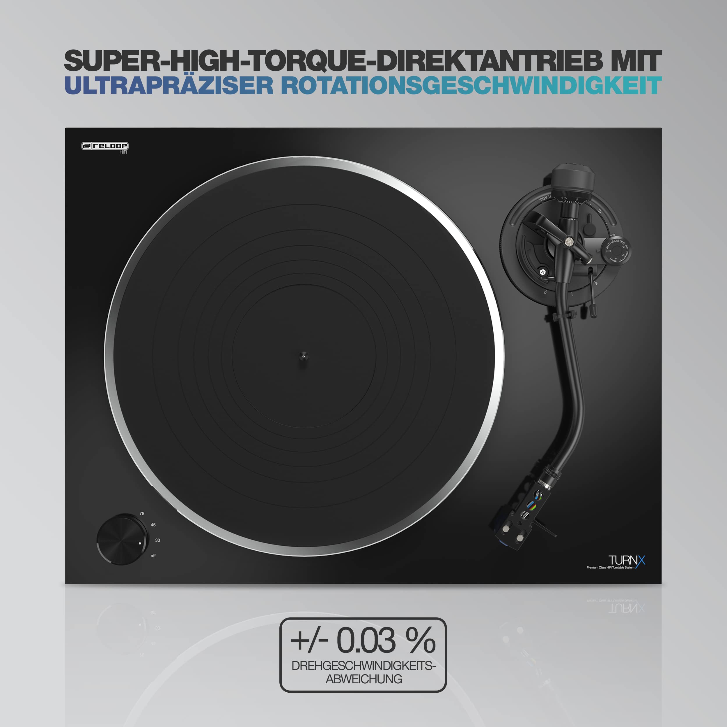 Reloop Turn X - Premium HiFi-Plattenspieler Inkl. Ortofon 2M Blue, High Torque-Direktantrieb, Präzise Rotationssteuerung, 3 Geschwindigkeiten, CNC-Aluminium-Druckgussteller, Anti-Skating, Schwarz