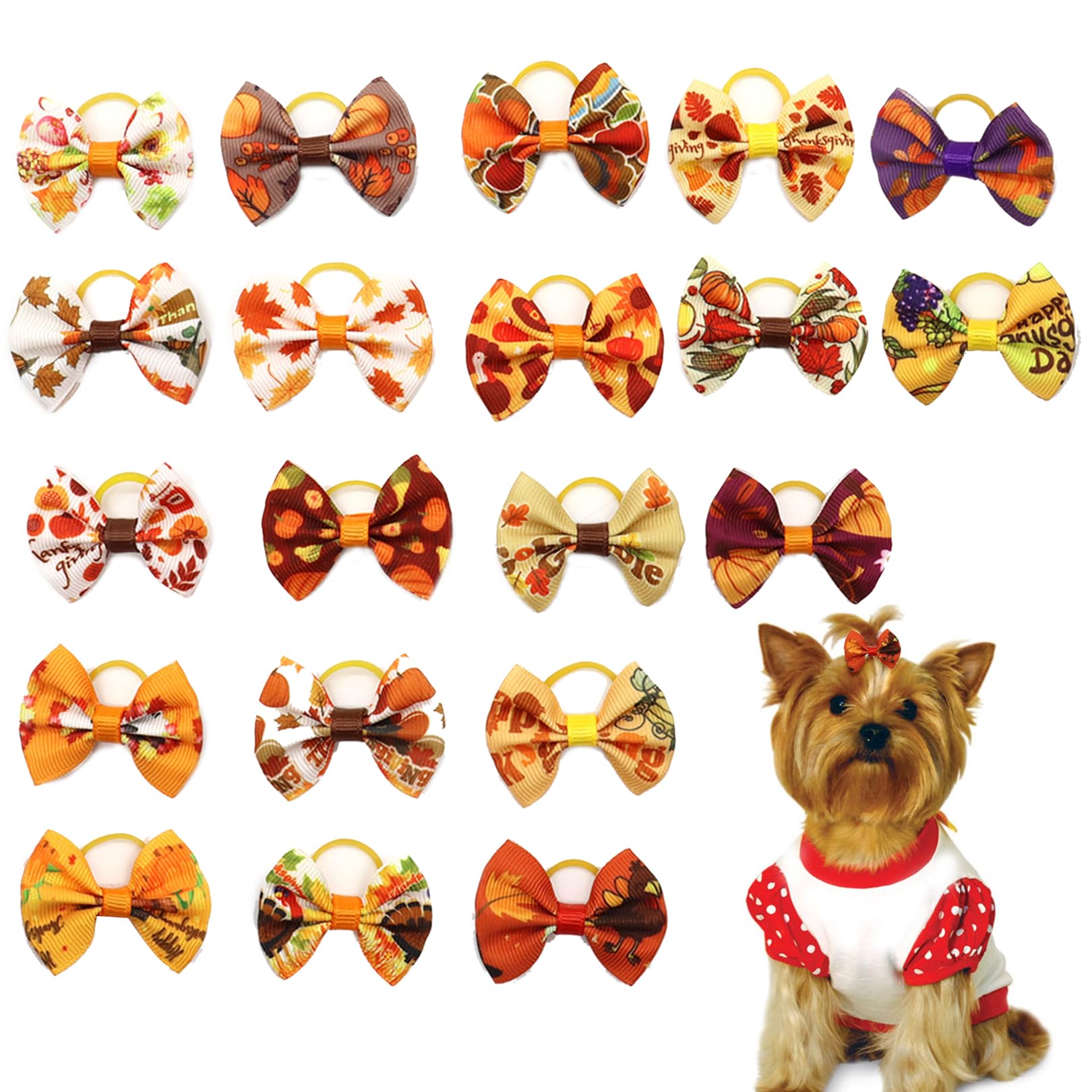 Fall Dog Bows Hair Scrunchies for Pet Grooming - 10Pcs Maple Leaf Pumpkin Pattern Cute Bows With Rubber Bands, Elastics Ribbon Ponytail Holders, Thanksgiving Accessories for Pets
